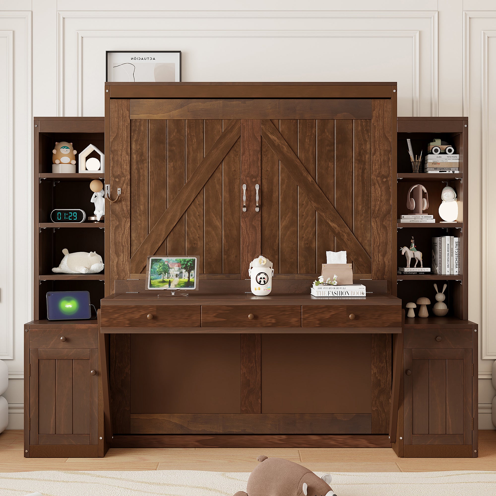 Queen Murphy Bed with Desk, Drawers and Cabinets, Dark Brown