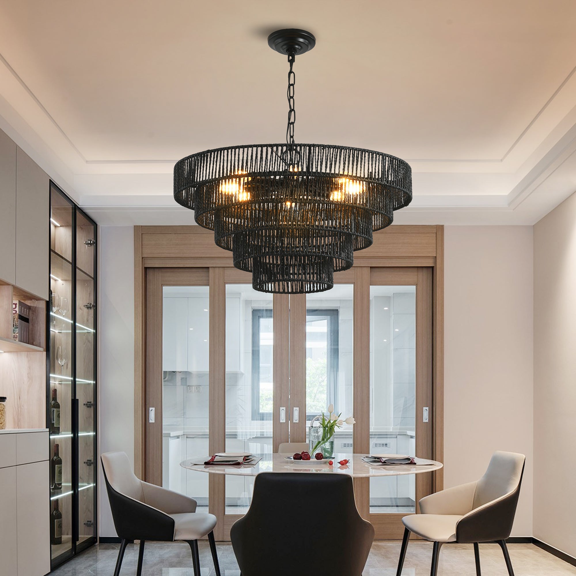 Chandelier with Hemp Rope Shades, 8-Light Tiered Design, Black
