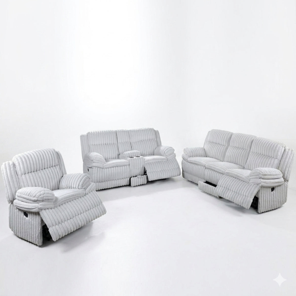 Light Gray Corduroy Reclining 3-Piece Living Room Set with Console