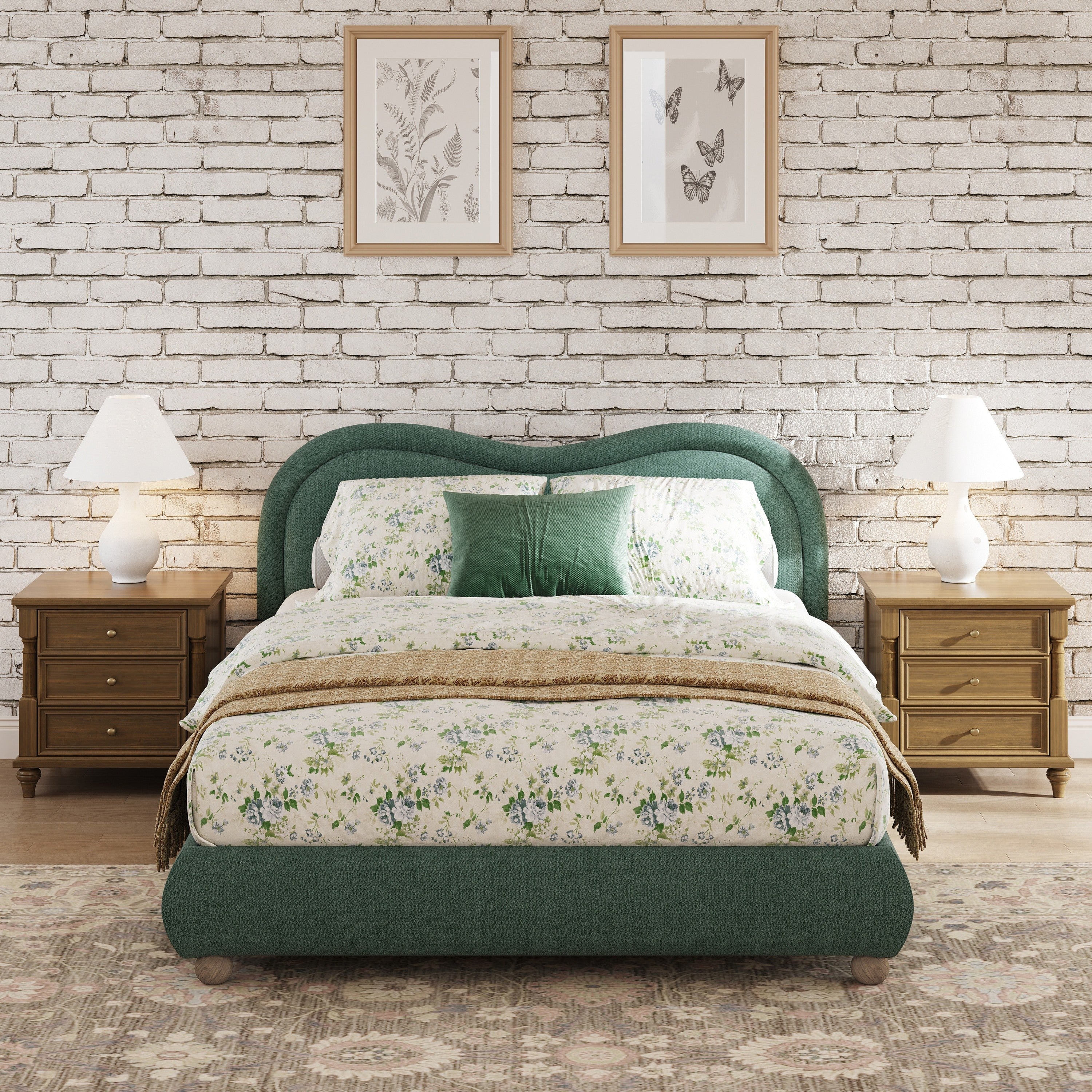 Front view of the curved chenille headboard bed in olive green with floral bedding and brick wall #Color_Olive Green