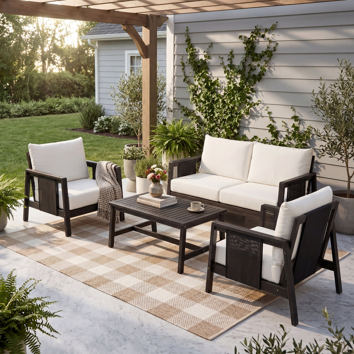 Dark Gray Solid Wood 4-Piece Outdoor Sofa Set for 4 with Cushions