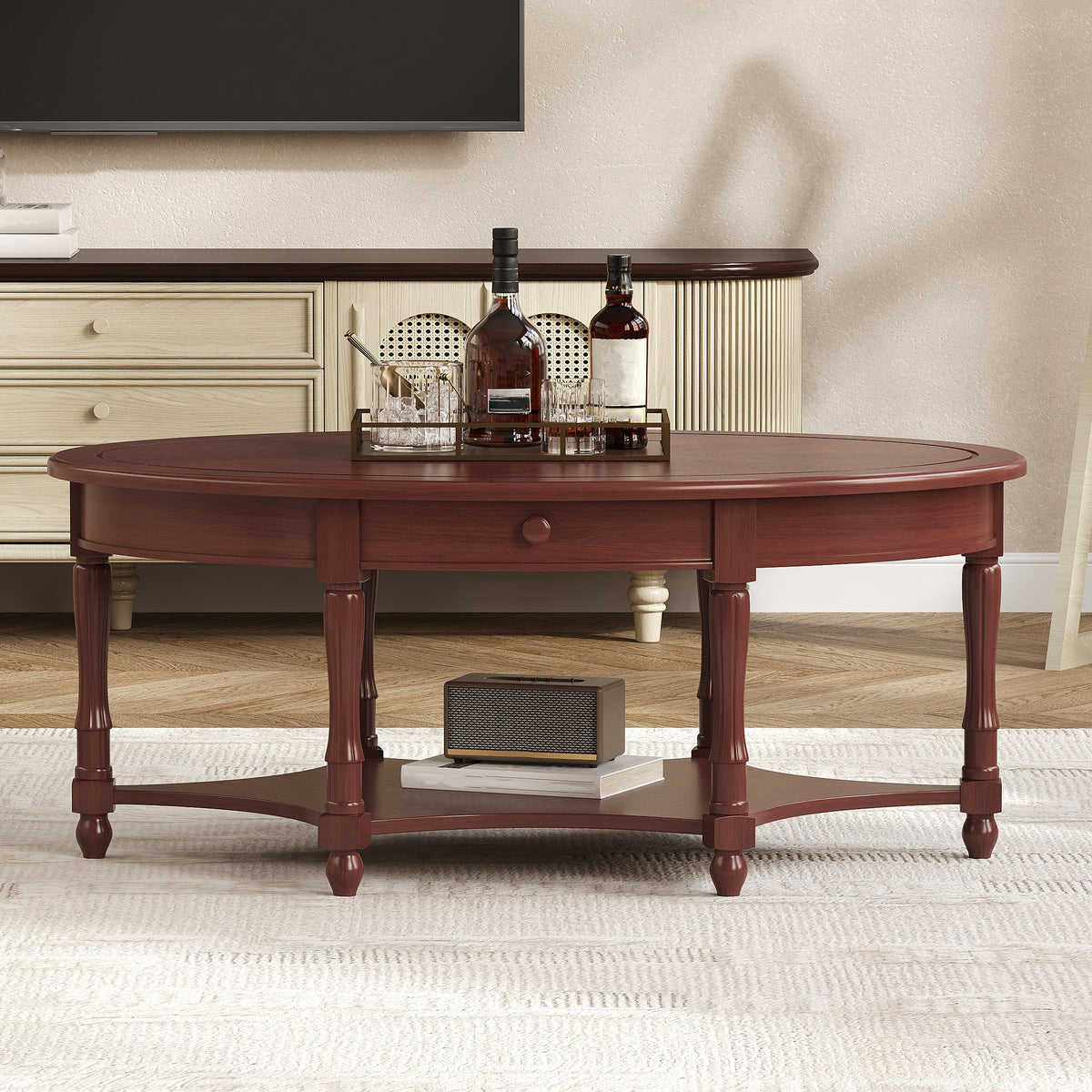 Cherry Solid Wood Oval Coffee Table with Storage, 45 in