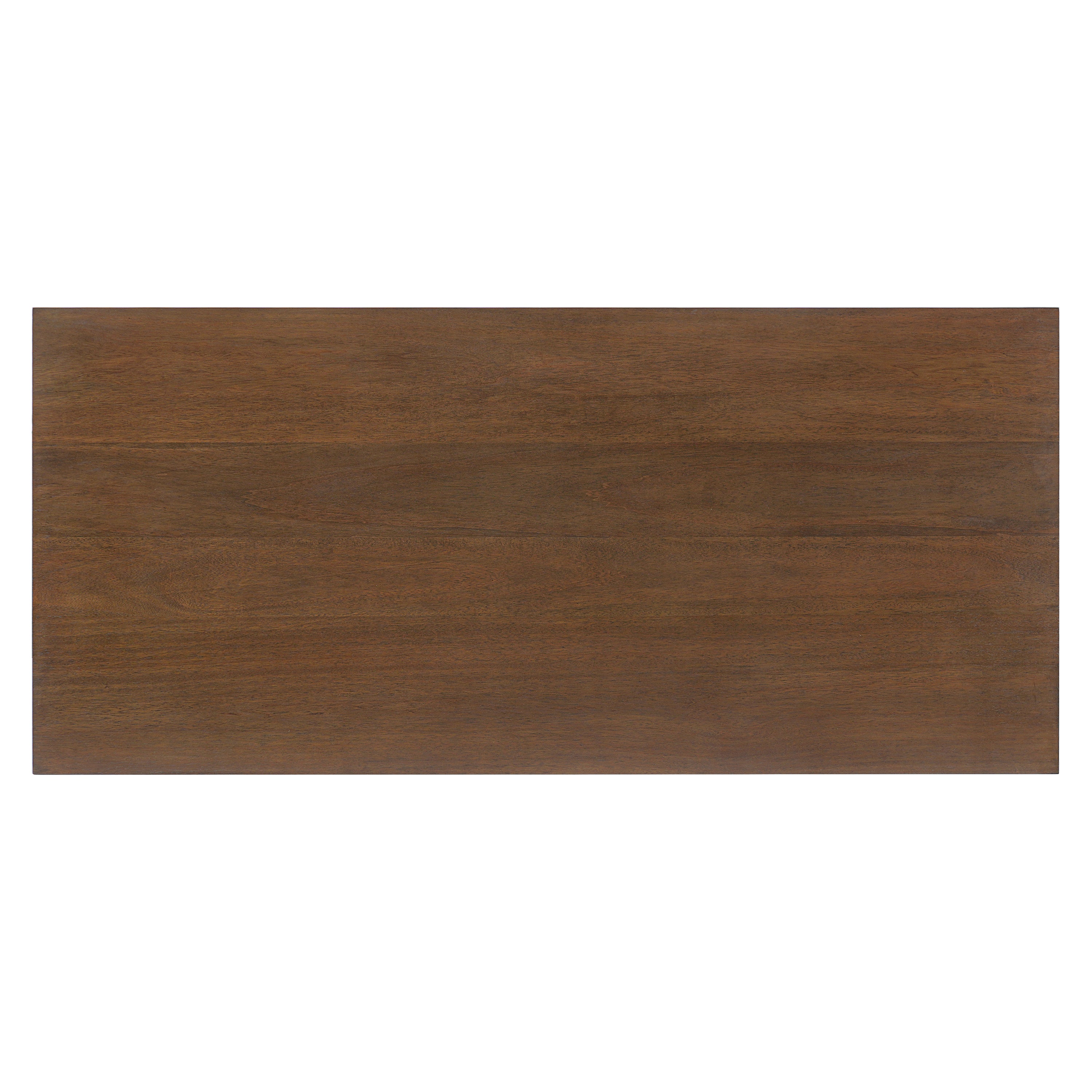 Overhead view of the walnut-tone rectangular tabletop with straight wood grain