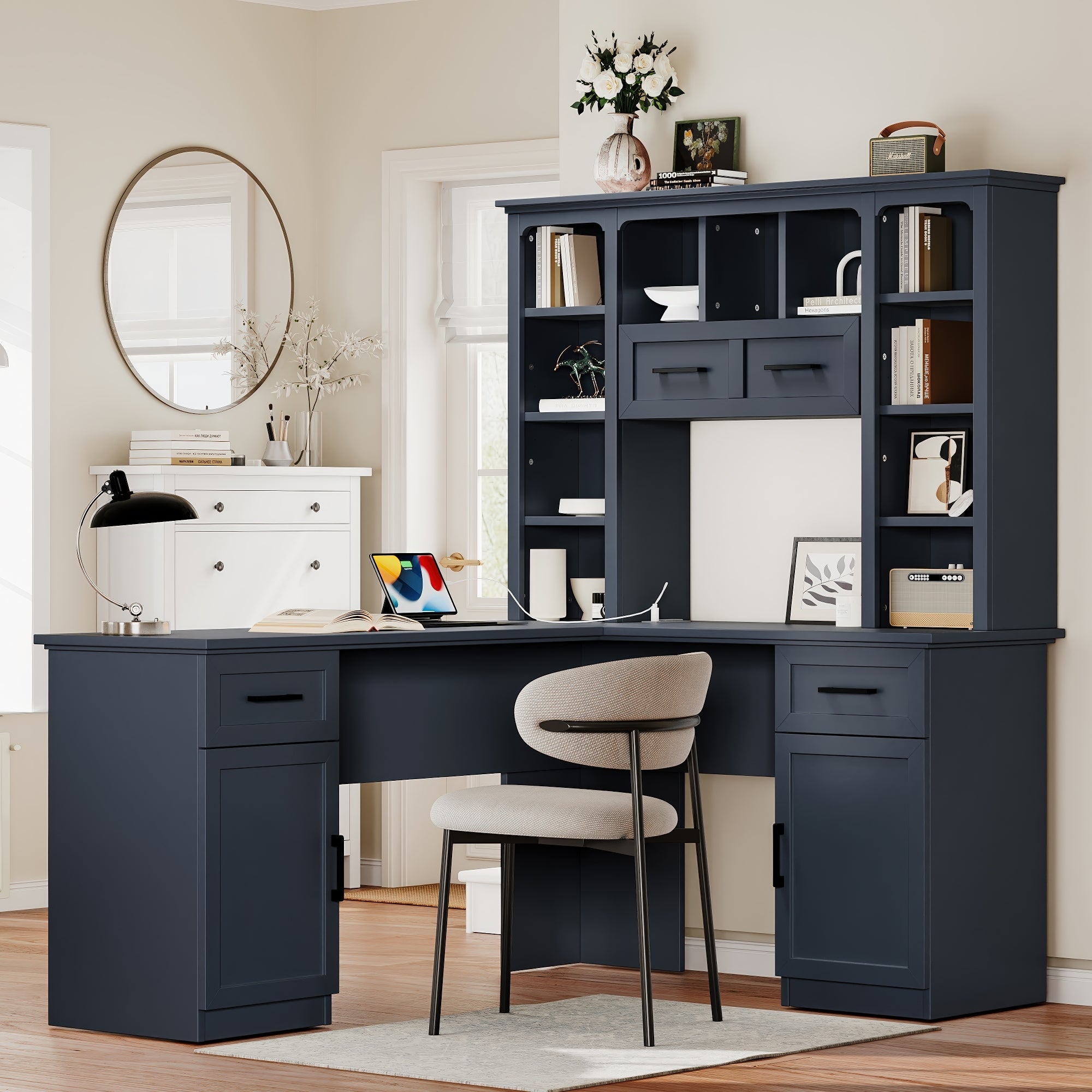 L-Shaped Computer Desk with Drawers, Workstation, 65 in, Blue