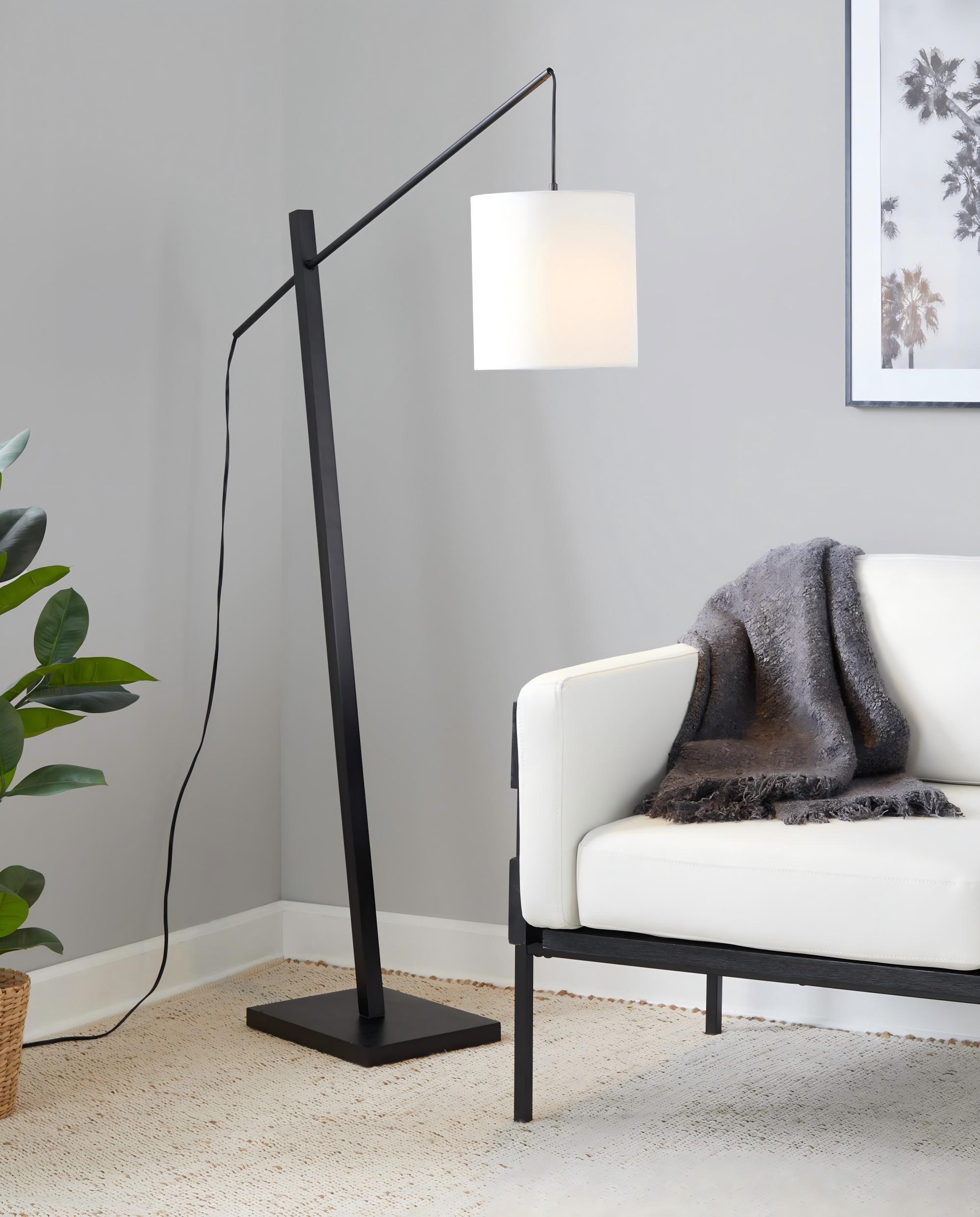 Contemporary Floor Lamp with White Fabric Shade in Black