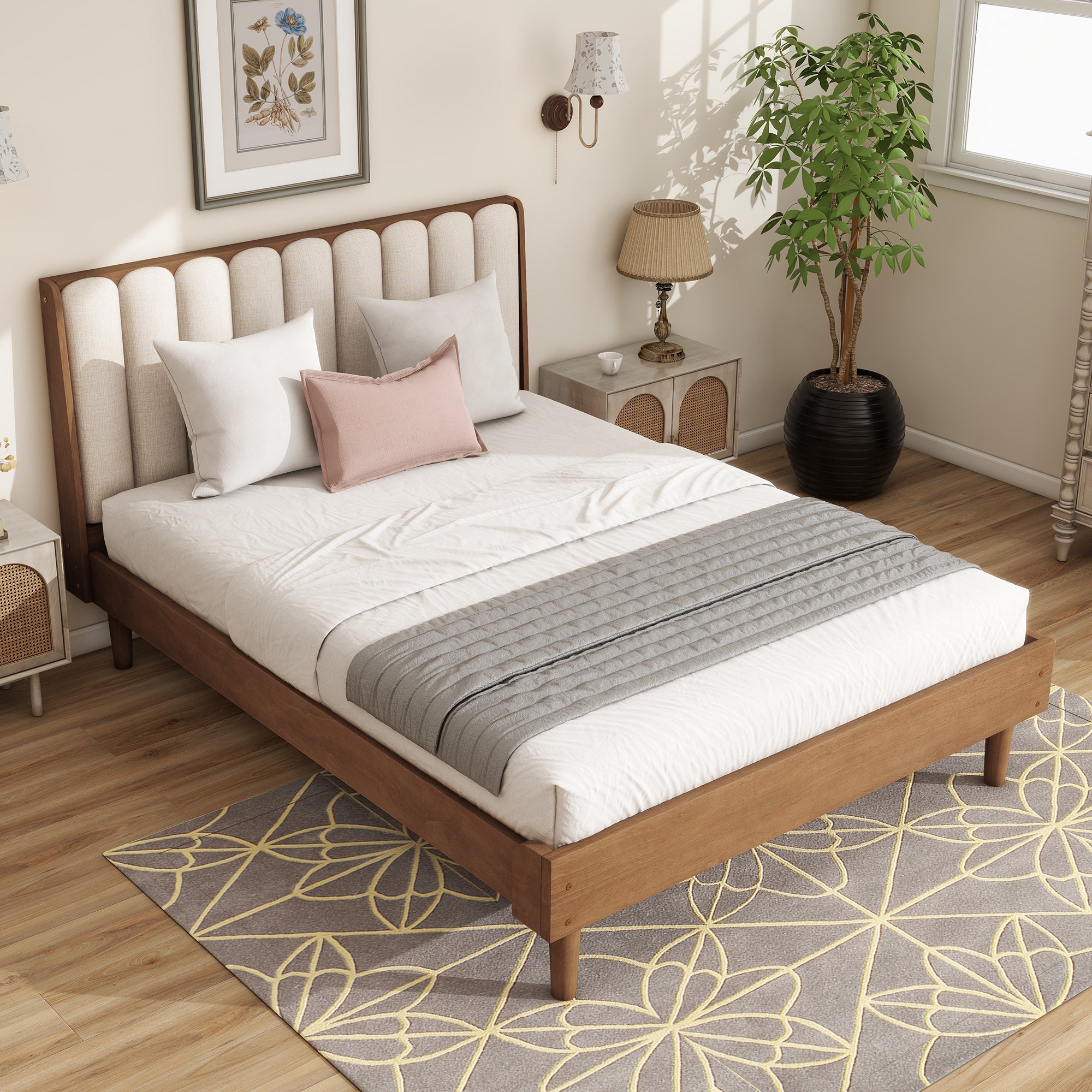 Wheat piano-key upholstered queen bed frame and headboard on a wood platform, styled bedroom seen from above