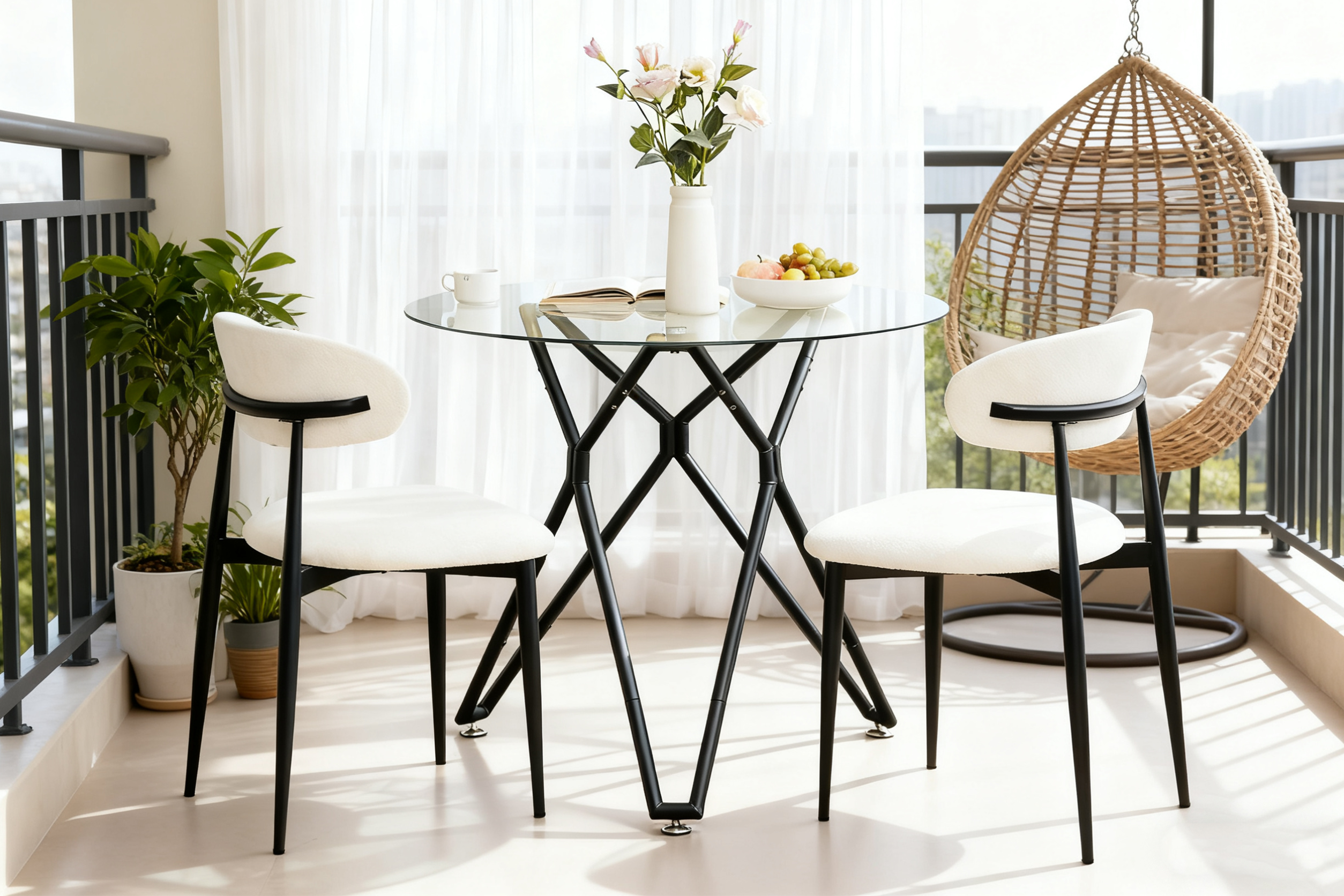 Round glass dining table with two cream chairs on a sunny balcony near a hanging rattan chair