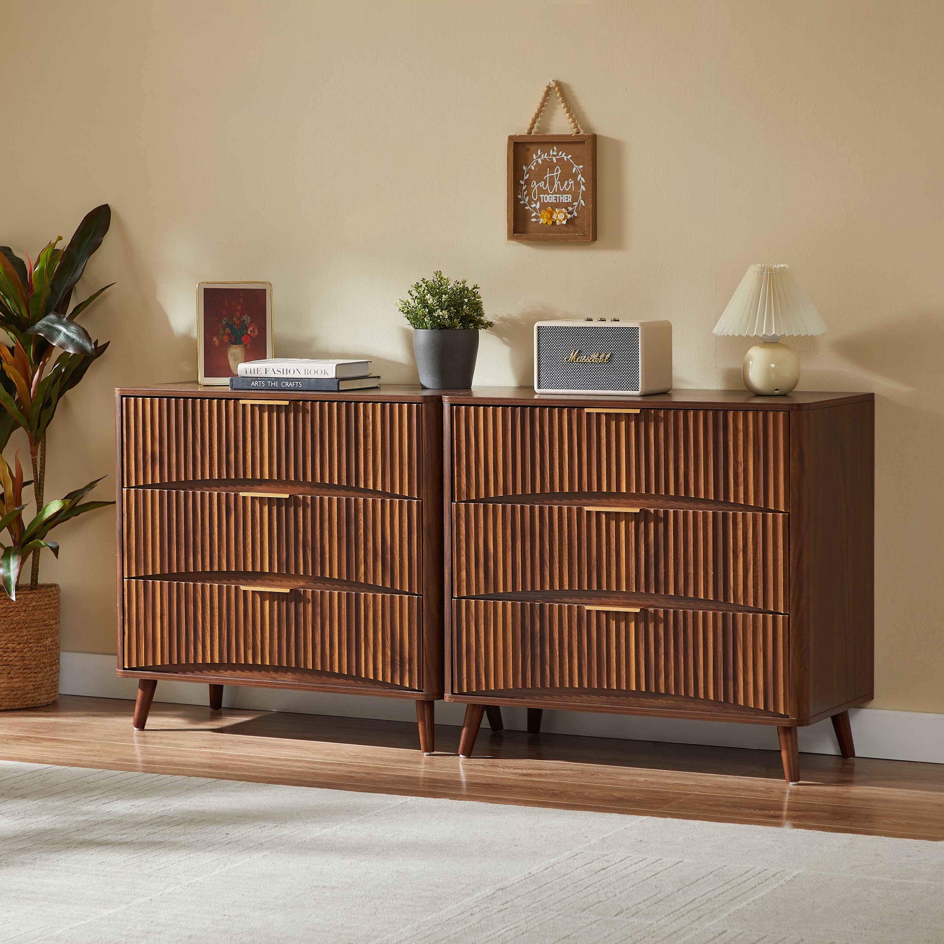 Fluted 3 Drawer Dresser Set of 2, Walnut