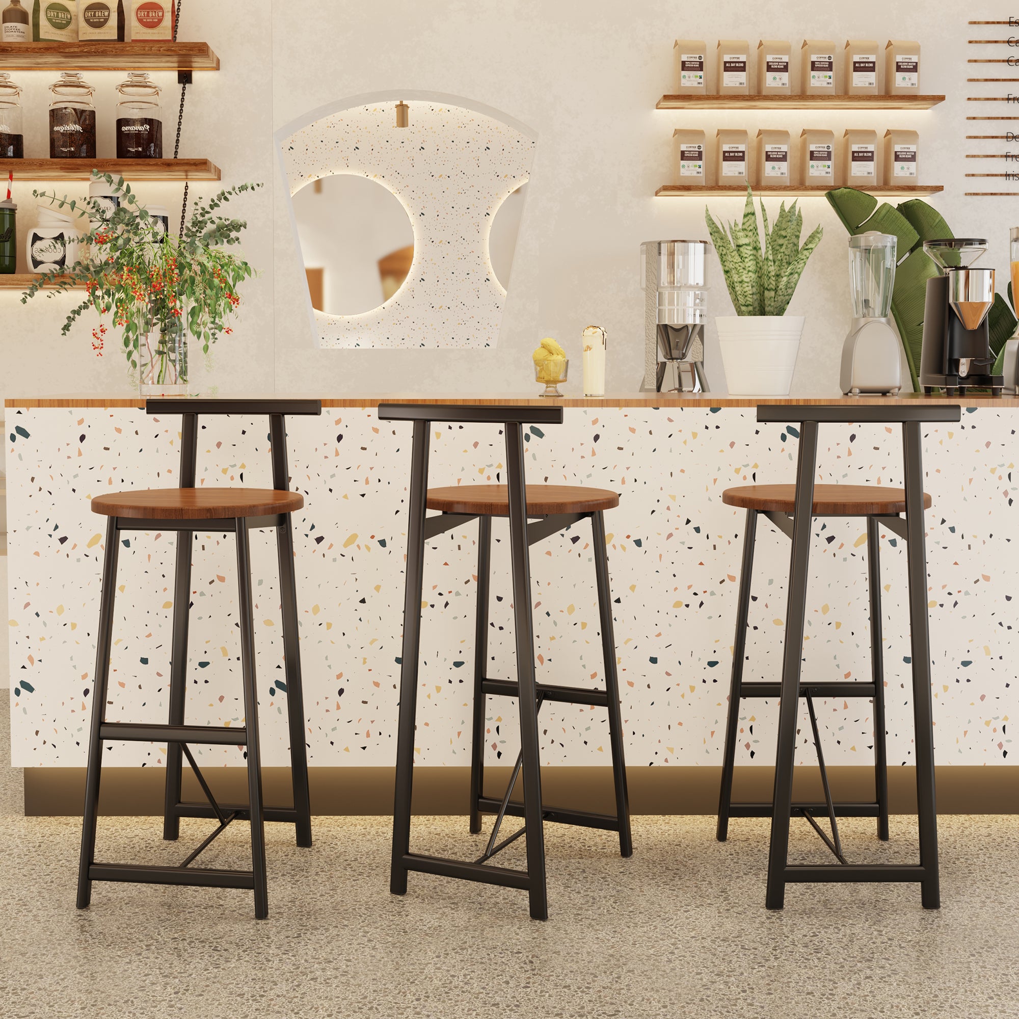 Bar Stools Set of 3 with Back, Black Metal & Walnut Brown Seat
