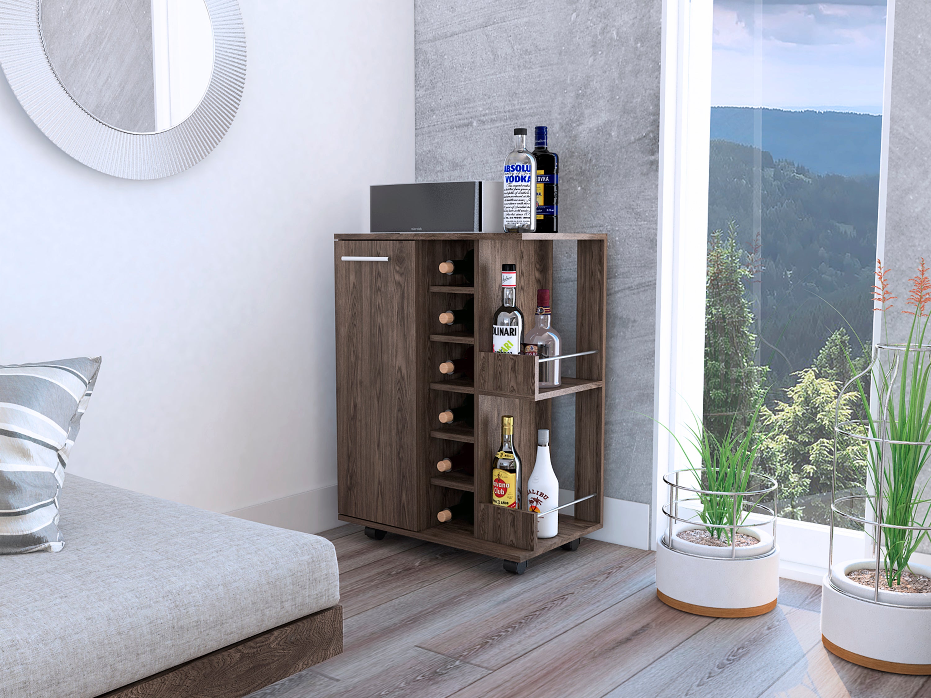 Dark Walnut Bar Cart, Single-Door Cabinet, 6-Bottle Wine Rack