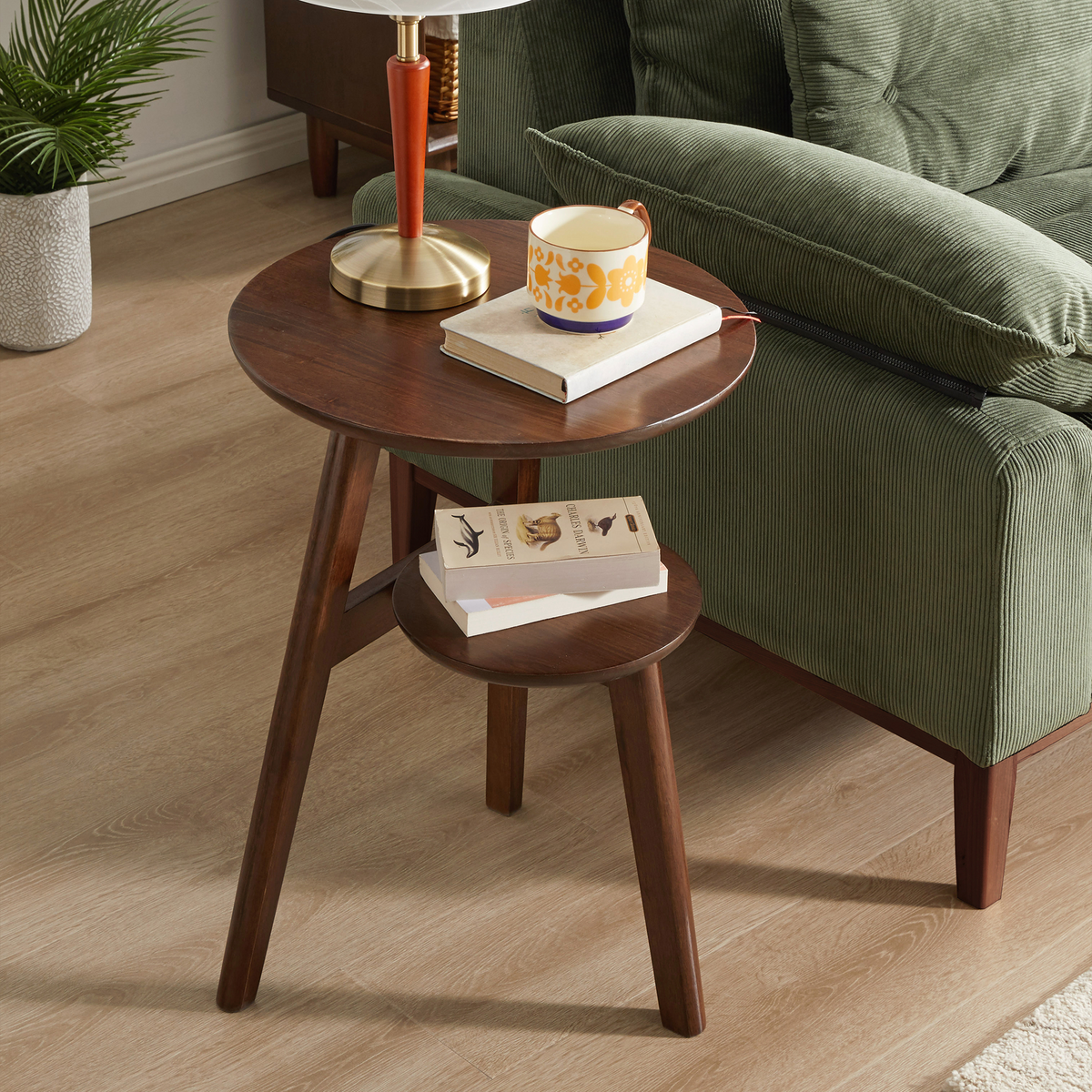 Walnut Solid Wood Round Side Table with Storage, 16.5 in