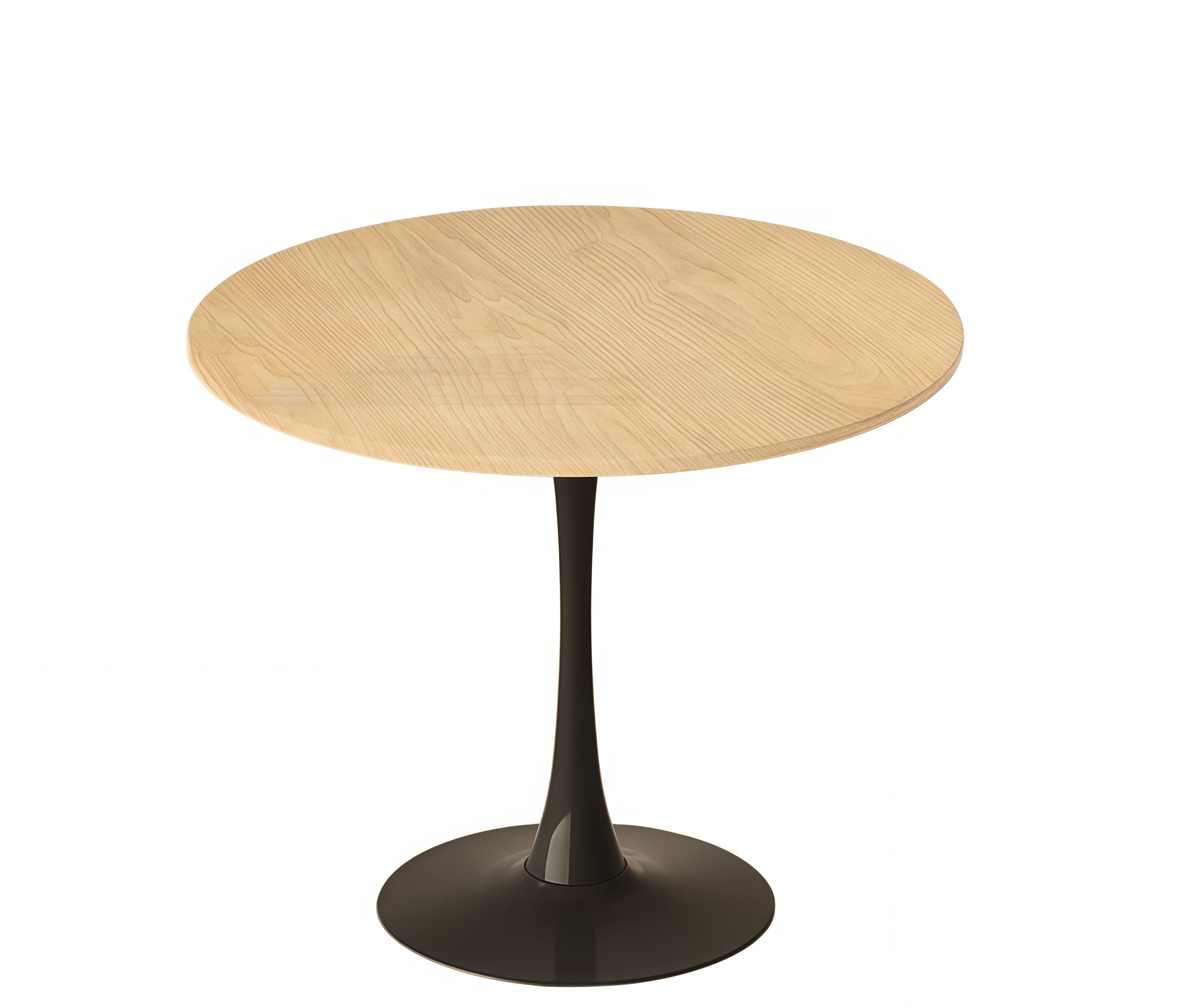 Three-quarter studio photo of the natural wood round bistro table with black tulip pedestal on plain white