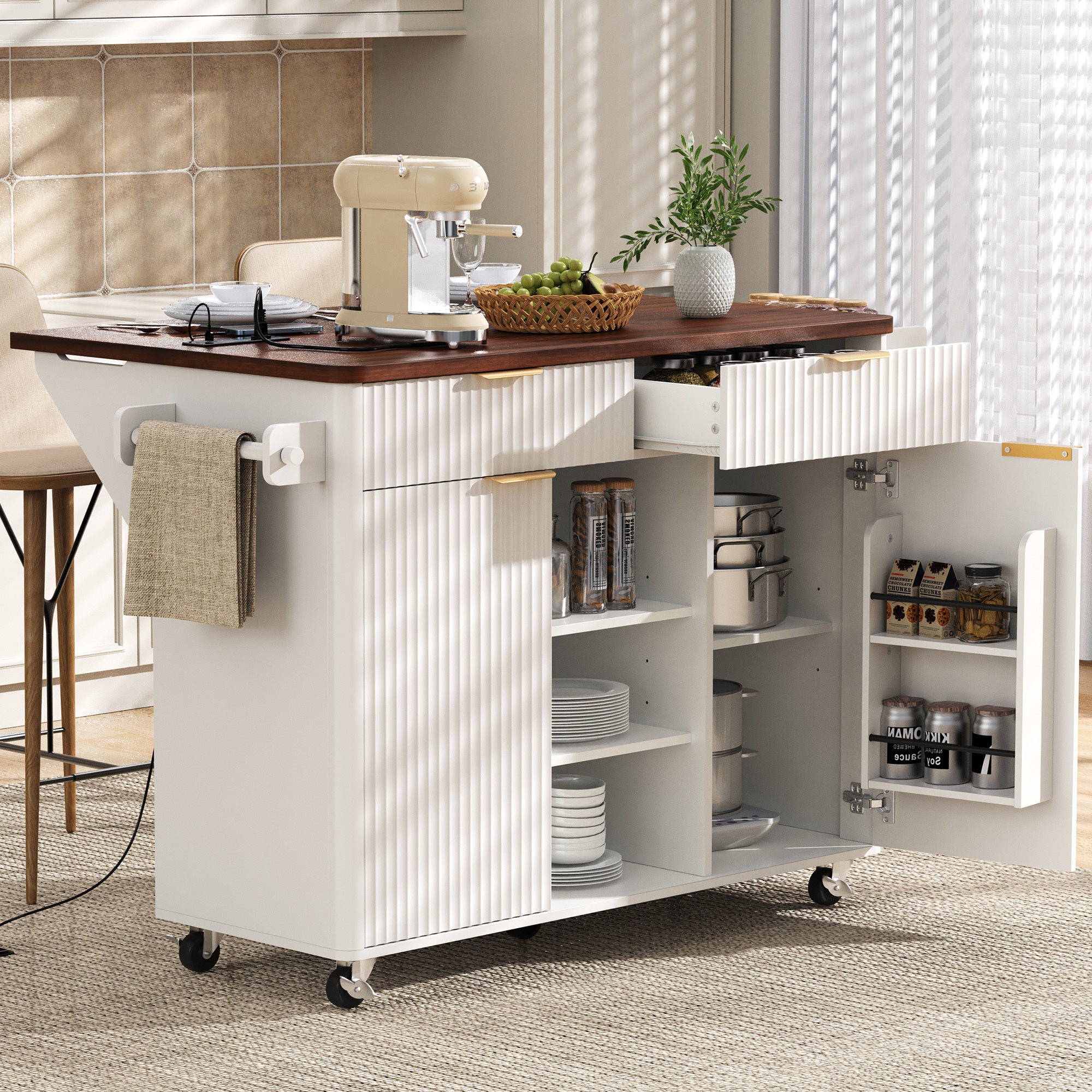 Fluted Kitchen Island, White with Walnut Drop-Leaf Top, 2 Drawers