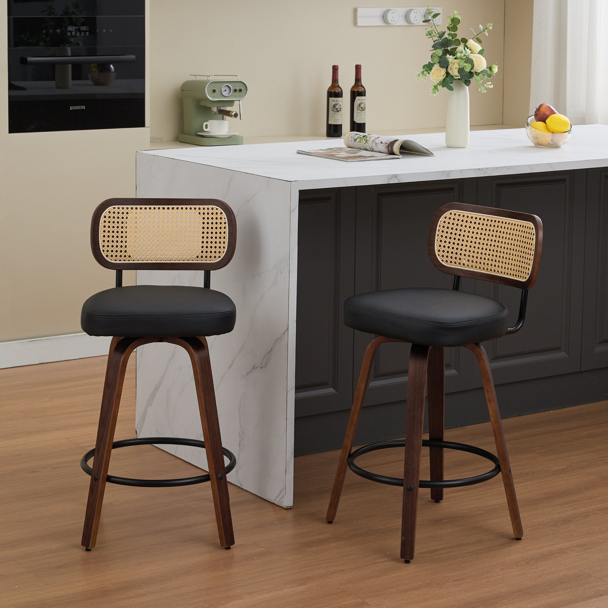 Counter Stools Set of 2, Cane Back, Swivel, Walnut, Black