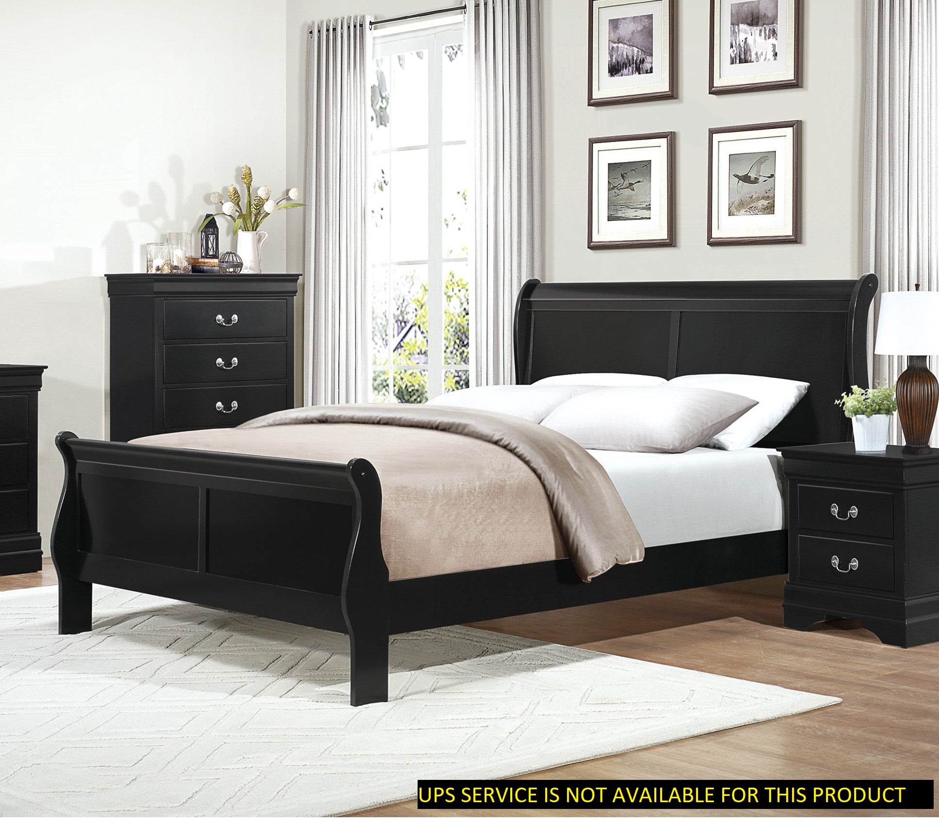 Queen Bed Frame with Sleigh Headboard, Black Finish
