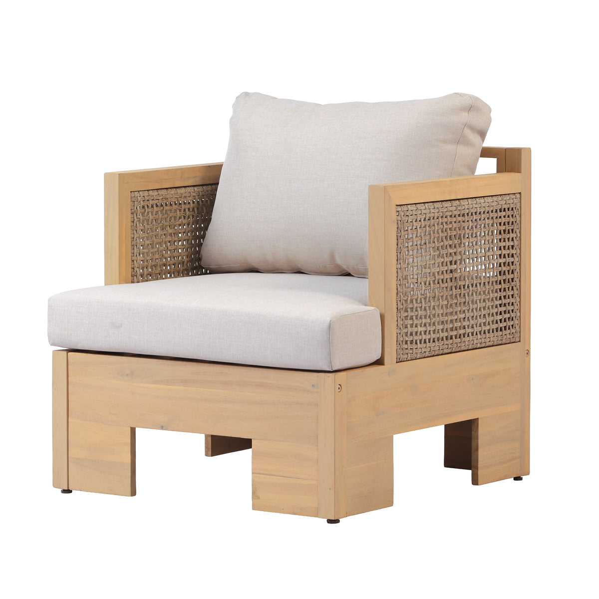 Teak Finish Solid Wood Outdoor Lounge Chair with Beige Cushions