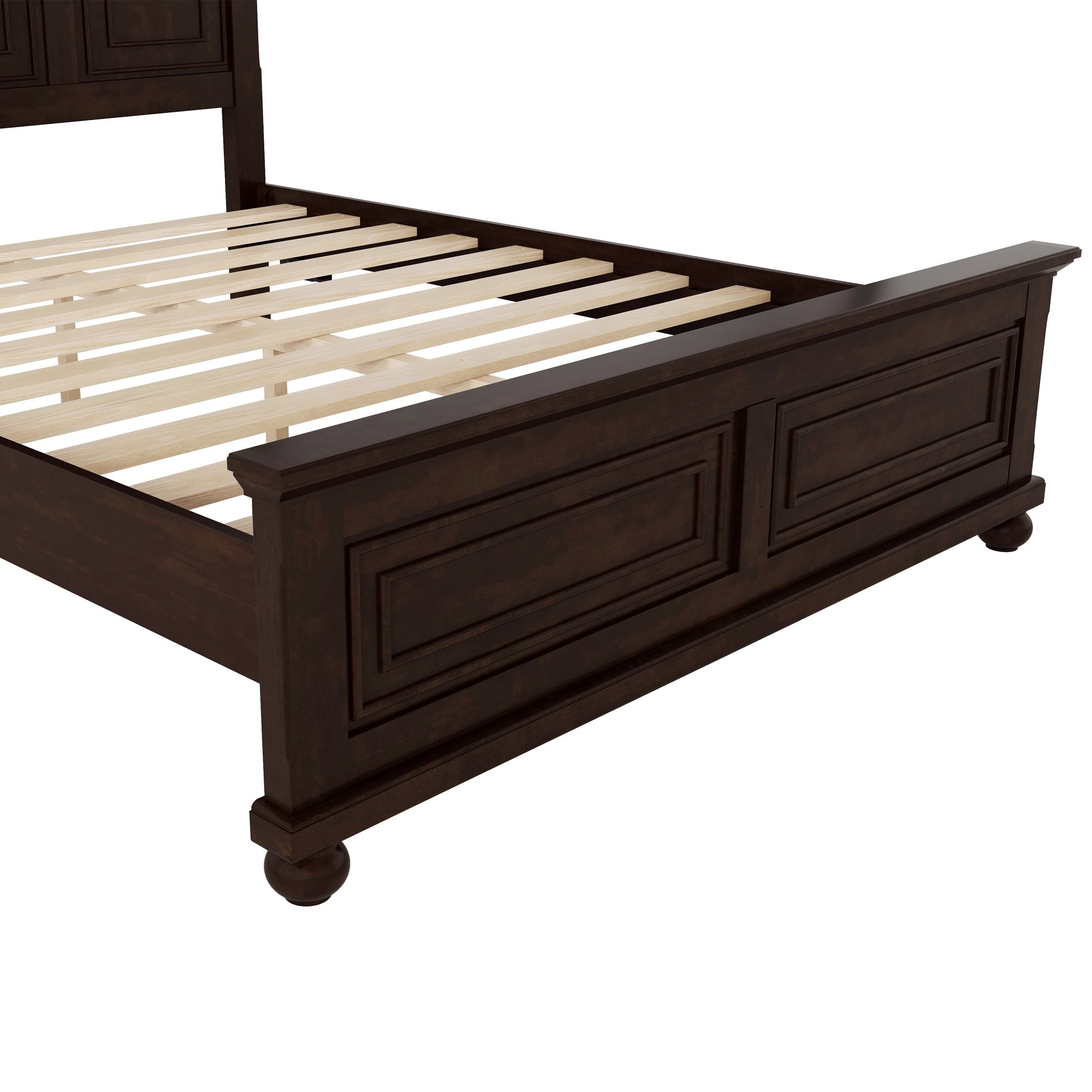 Close-up of the footboard corner post, raised panel and turned bun foot on the brown queen bed