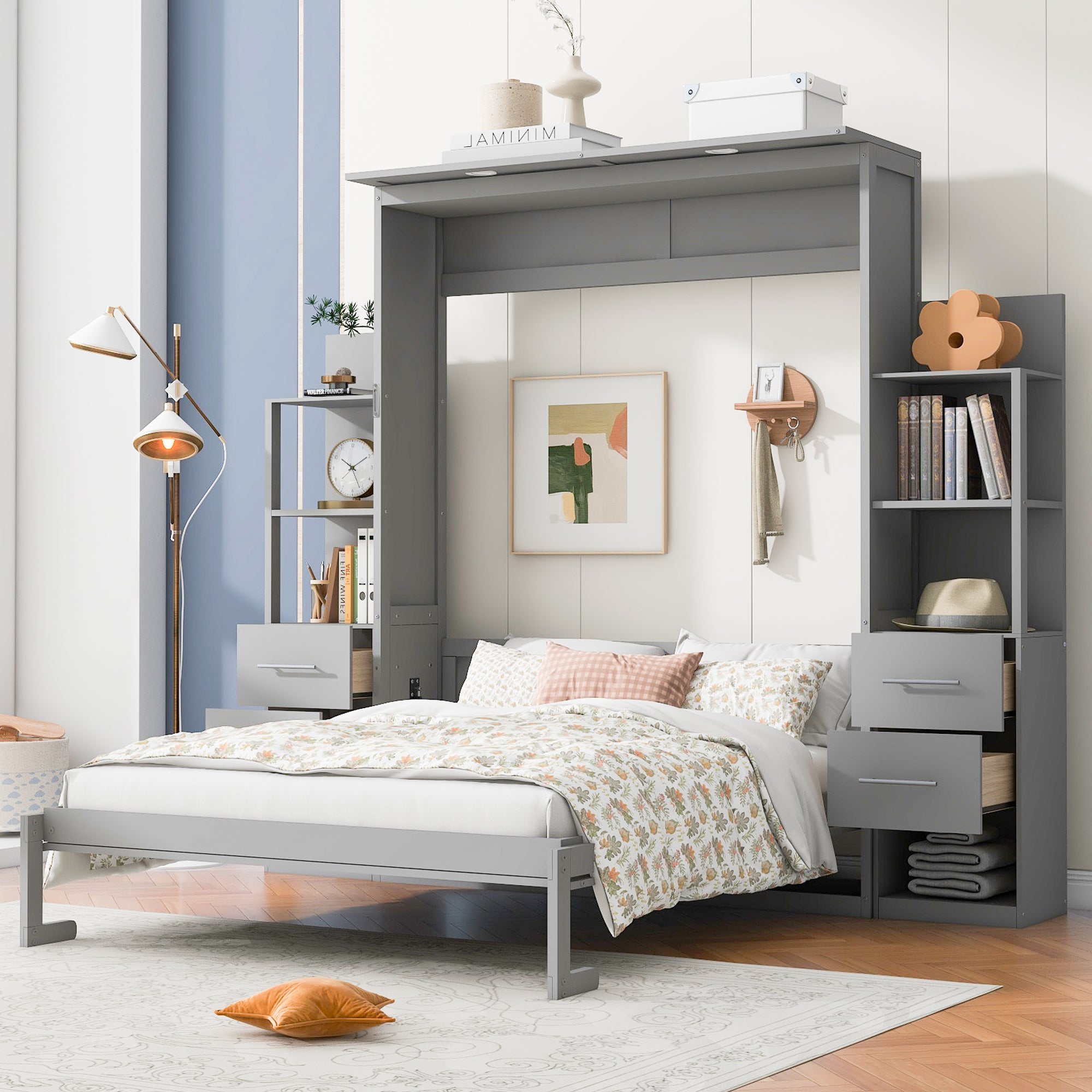 Queen Murphy Bed with 4 Drawers, Shelves and Lights, Gray