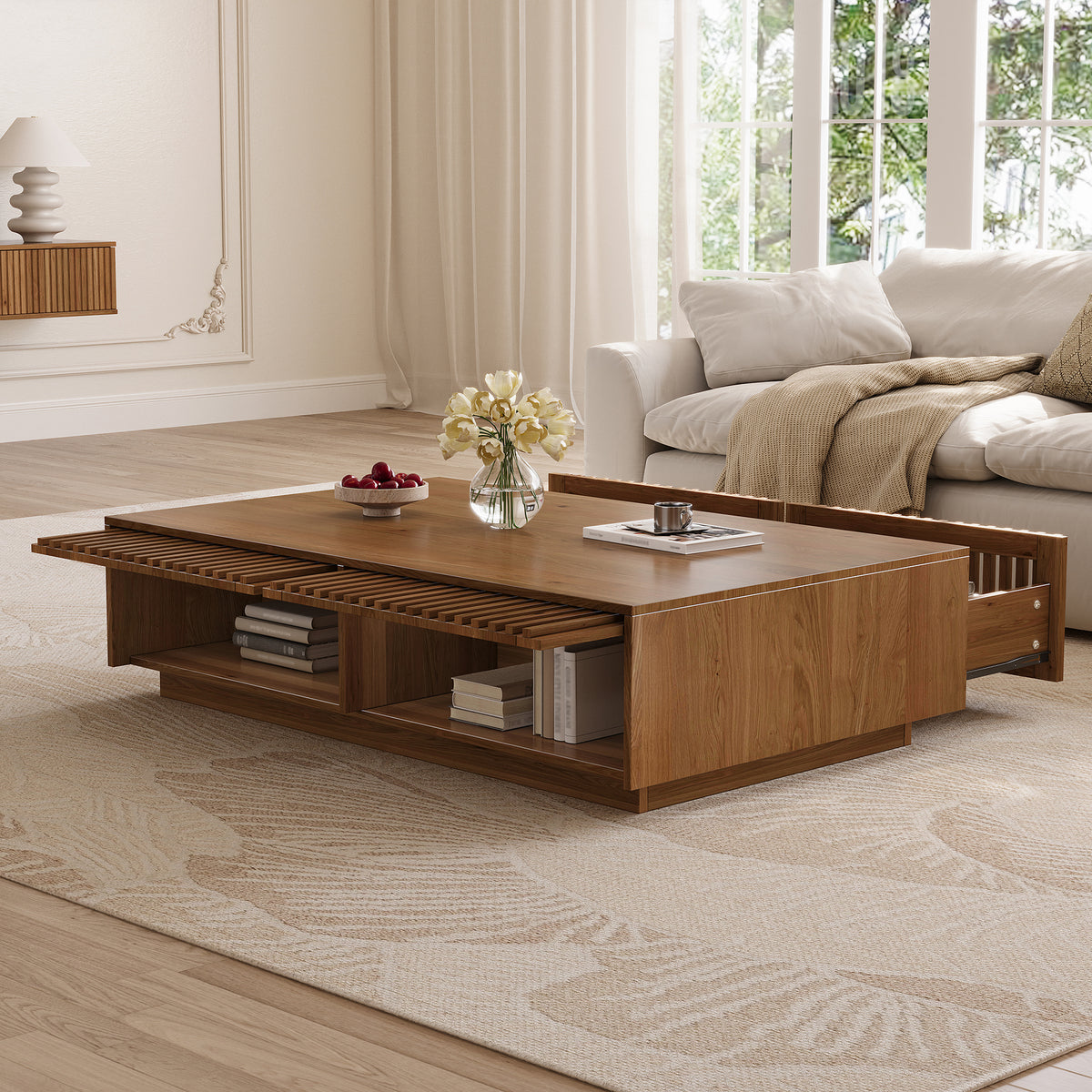 Walnut Rectangular Coffee Table with Storage, 47.2 in