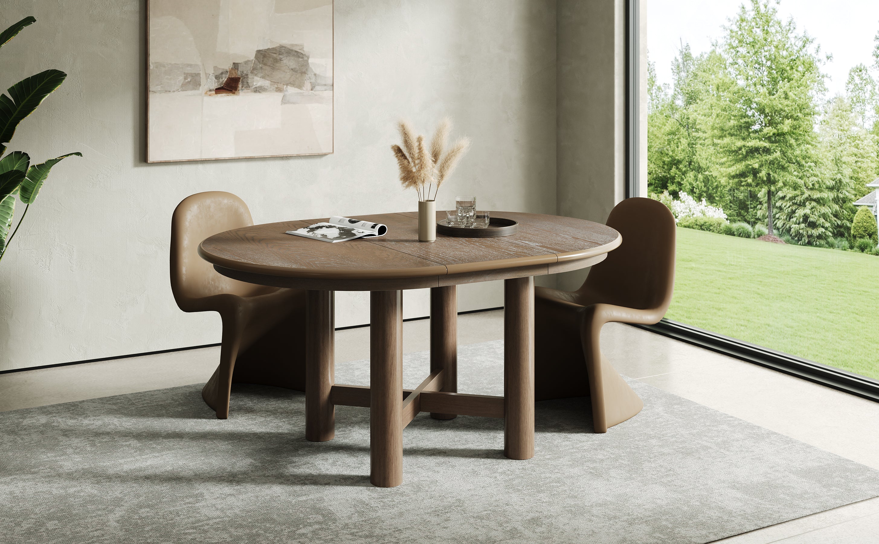 Extended oval espresso oak table with a single tan chair by a garden window