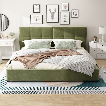 Olive green velvet king bed, front angle view with sage and tan bedding