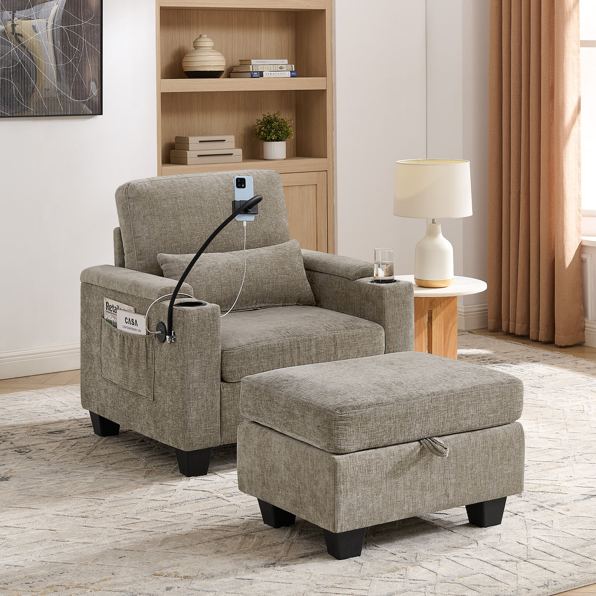 Brown Chenille Recliner, USB Charging, Single Seat