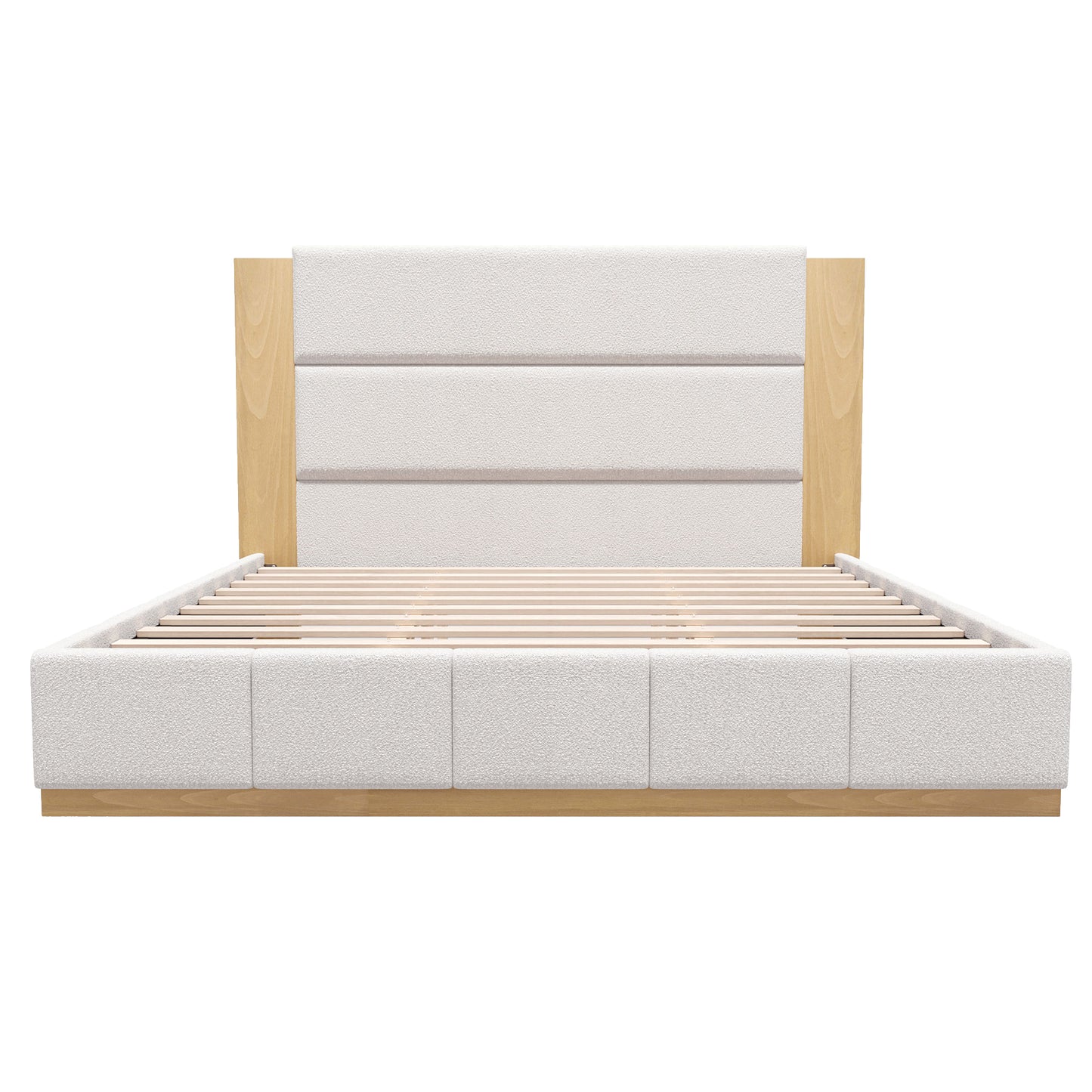 White boucle king bed frame with extended wood headboard on white background