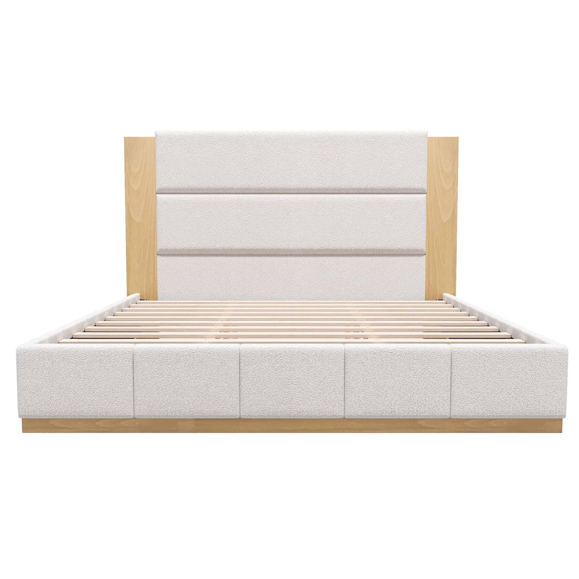 White boucle king bed frame with extended wood headboard on white background
