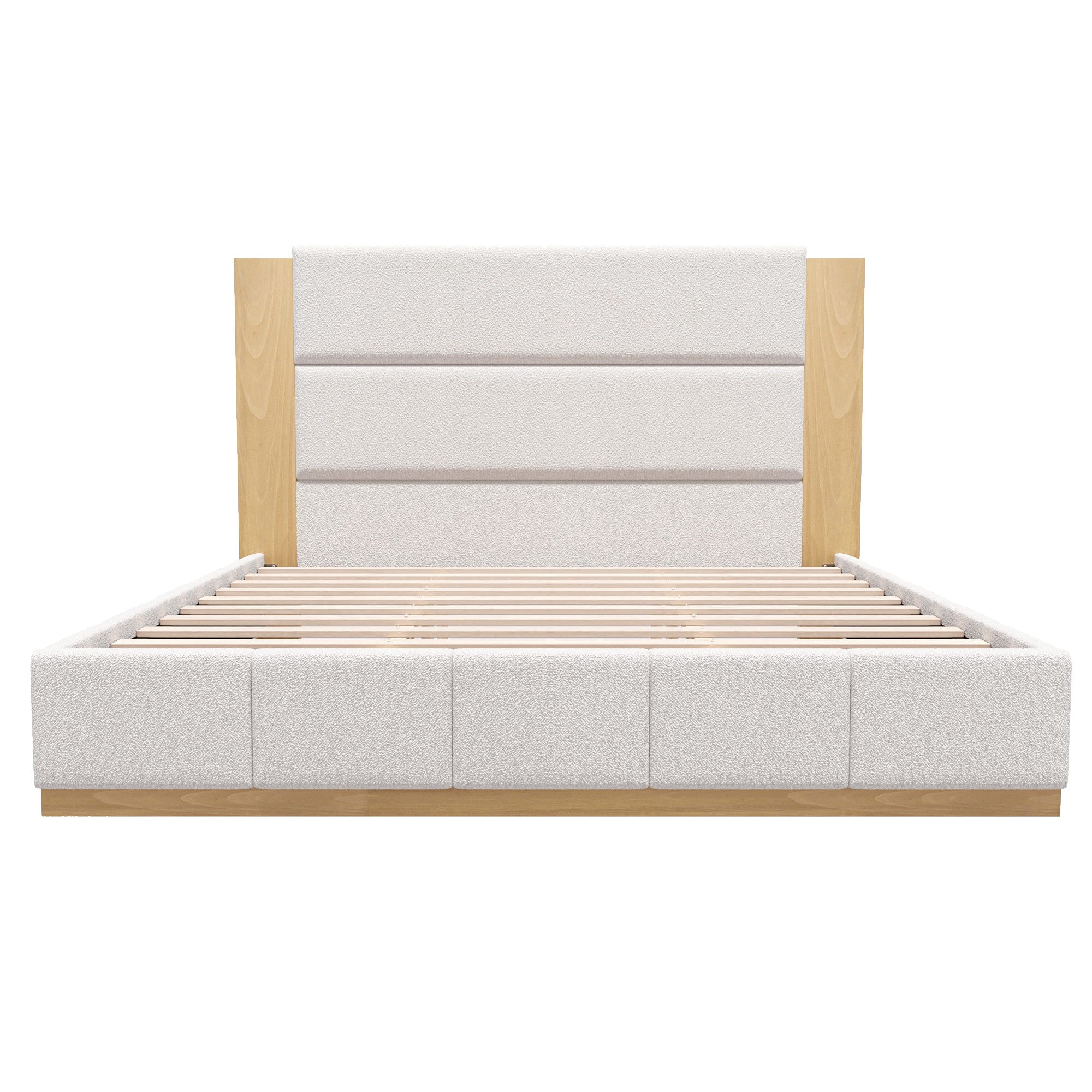White boucle king bed frame with extended wood headboard on white background
