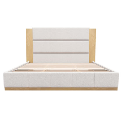 White boucle king bed frame with extended wood headboard on white background