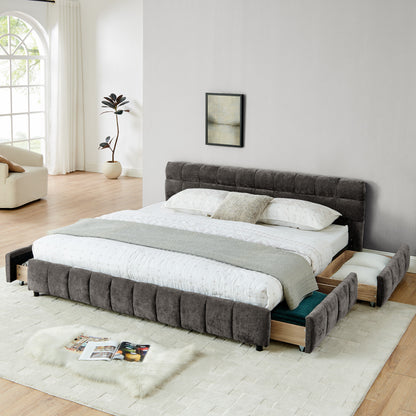 Dark gray chenille king bed frame in bright bedroom with sofa