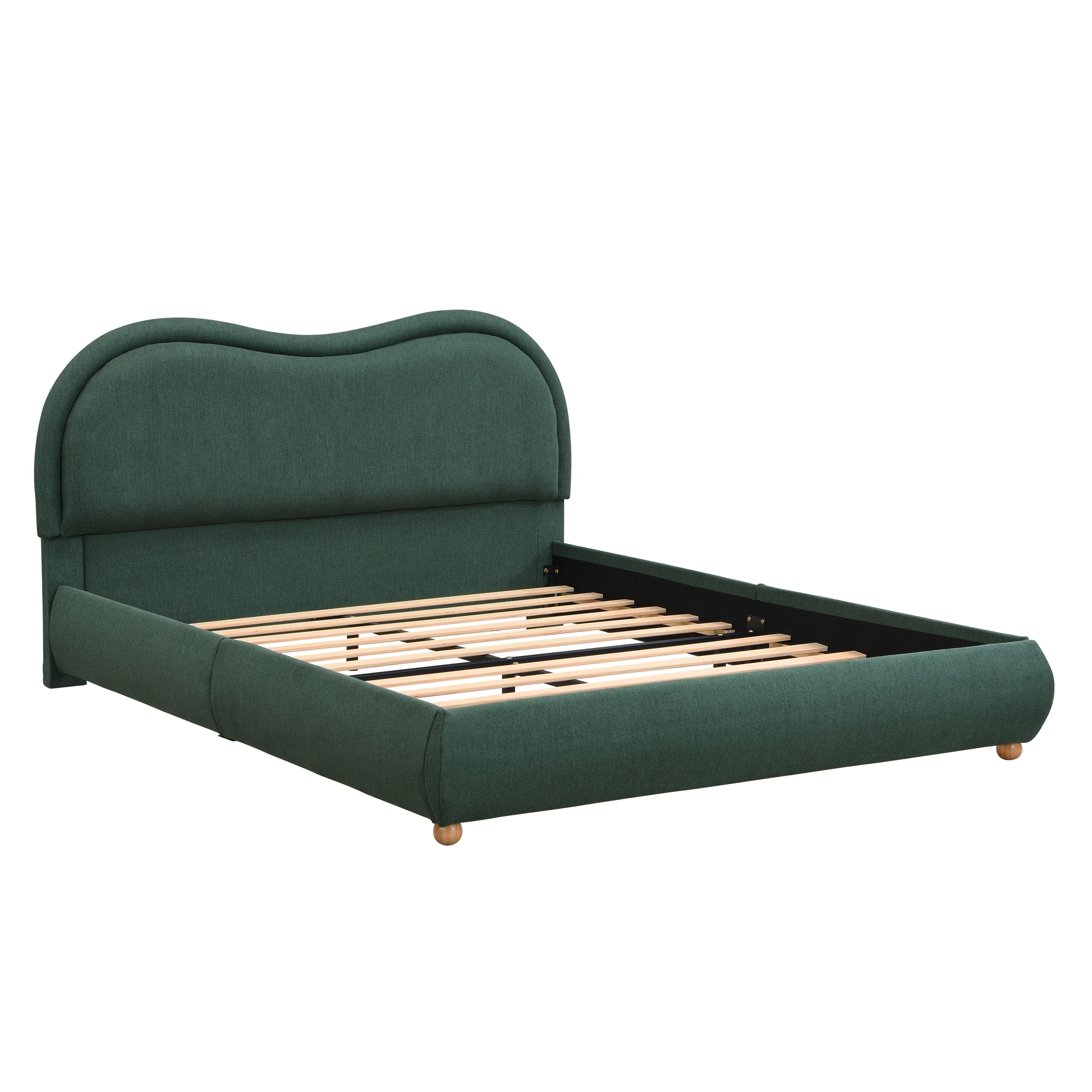 Opposite-angle studio view of the bare chenille bed frame, also offered in beige, with exposed slats #Color_Olive Green