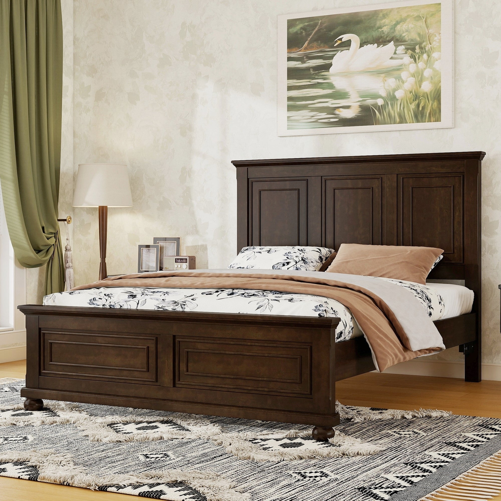 Angled view of the brown pine queen bed with panel headboard, a floor lamp and nightstand beside green curtains