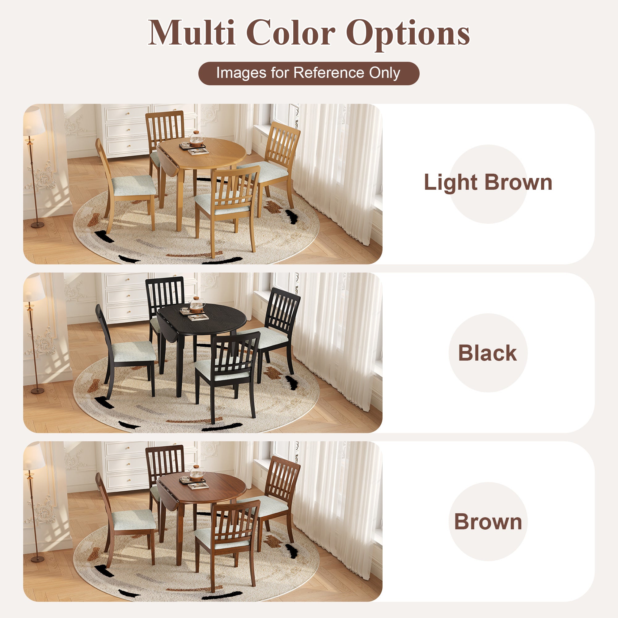Feature graphic of color options in light brown, black and brown for reference