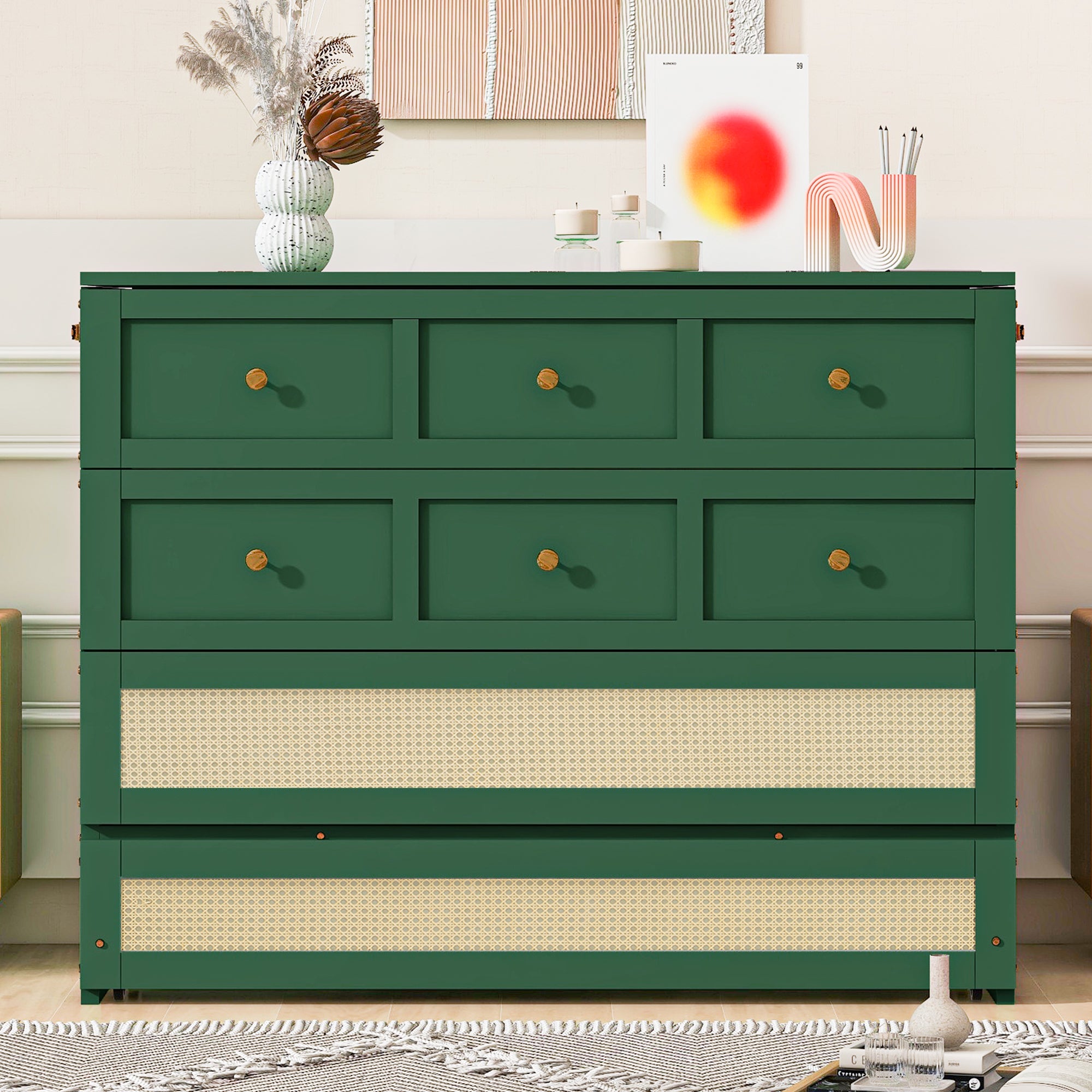 Green Full Size Murphy Bed with Storage Drawers