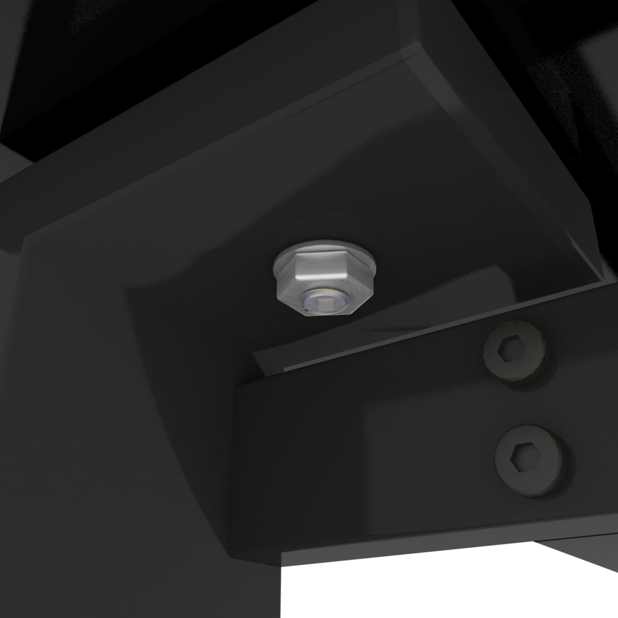 Close-up of the underside hardware showing a leveling bolt and hex screws