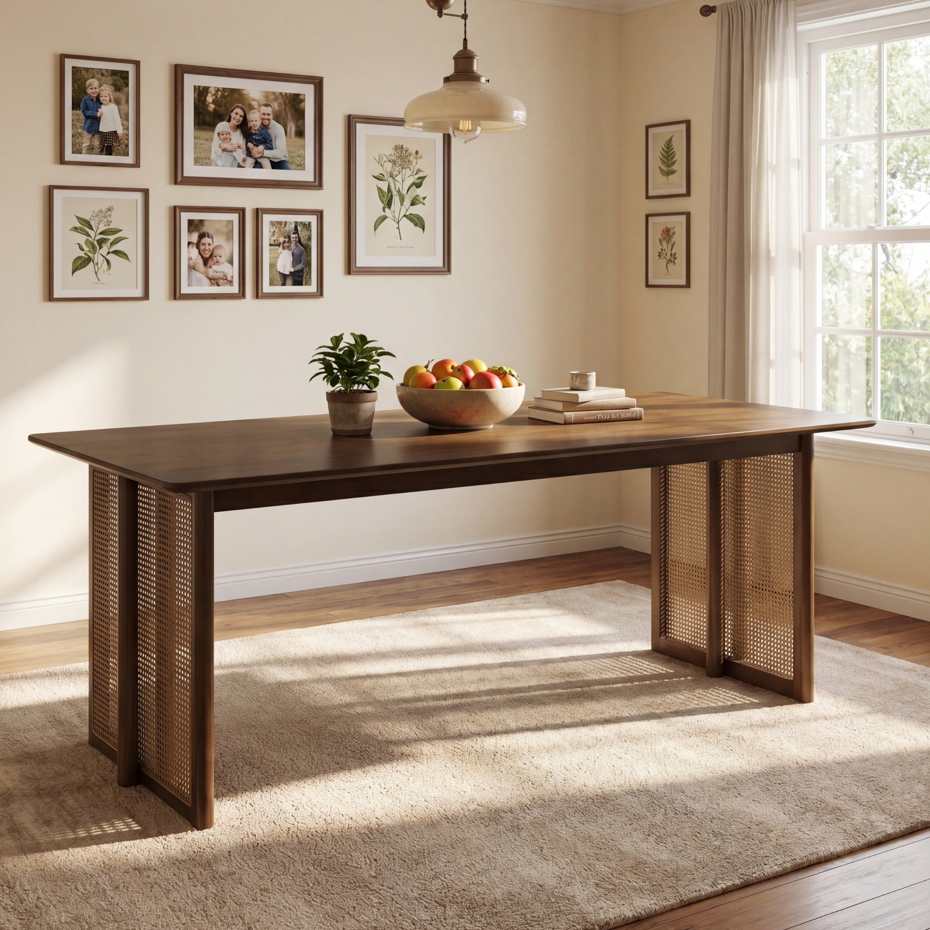 Walnut rubberwood dining table with cane legs styled with fruit and a plant below a photo gallery wall