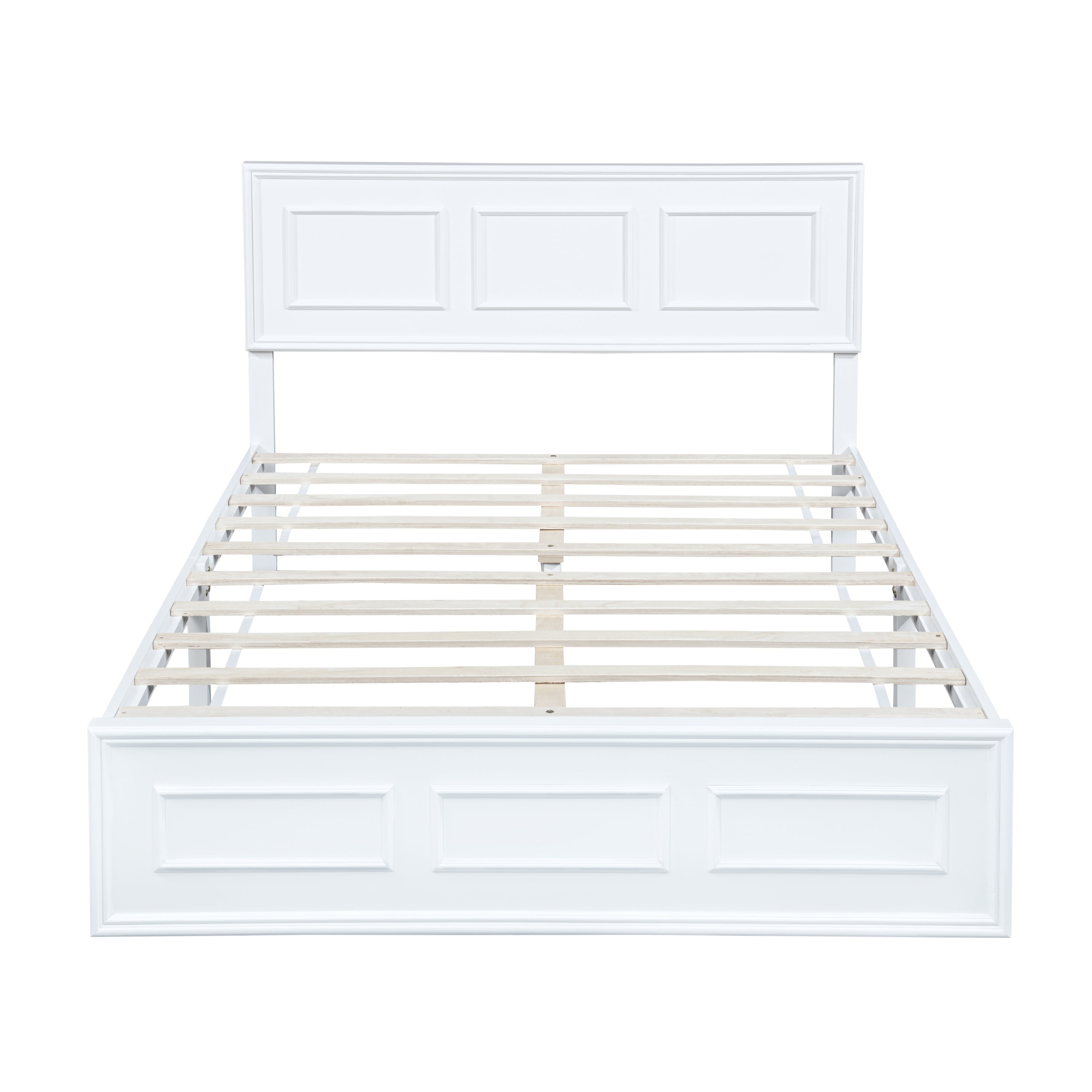 Front view of a white queen bed with three-panel headboard and footboard over wood slats #Color_White
