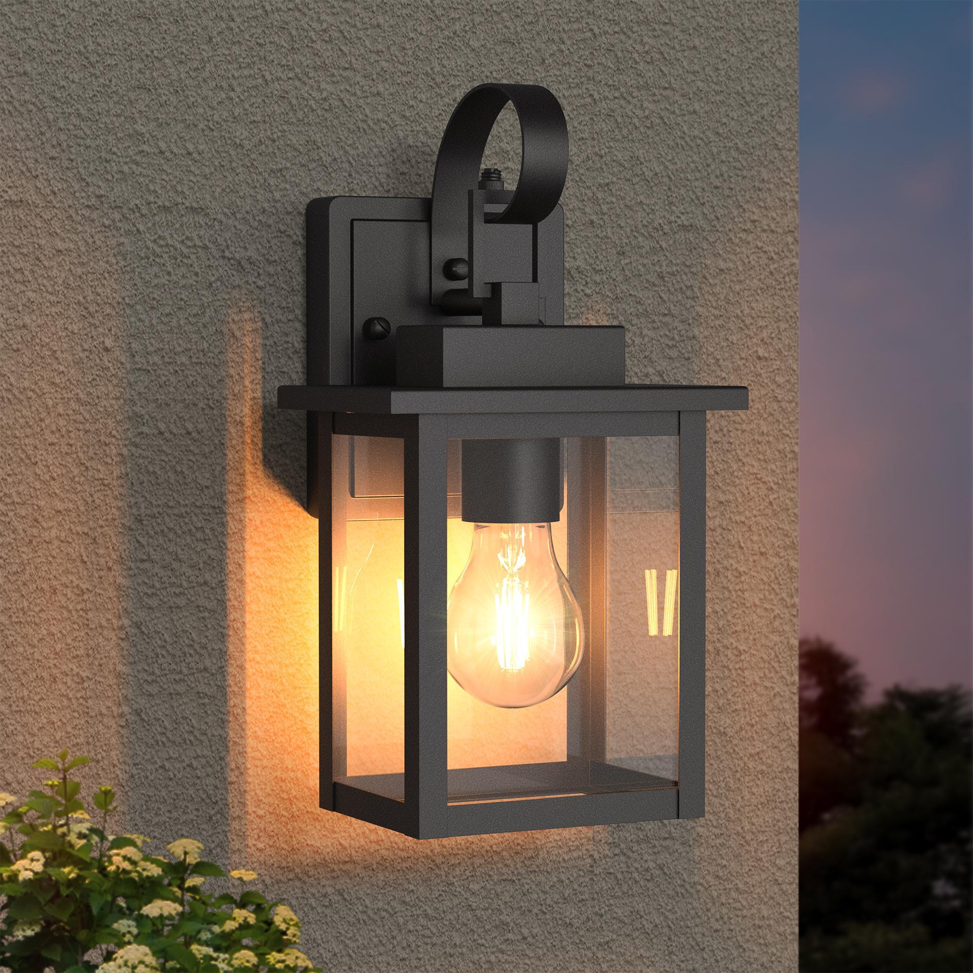 Outdoor Wall Light, Clear Glass with Dusk-to-Dawn Sensor, Black