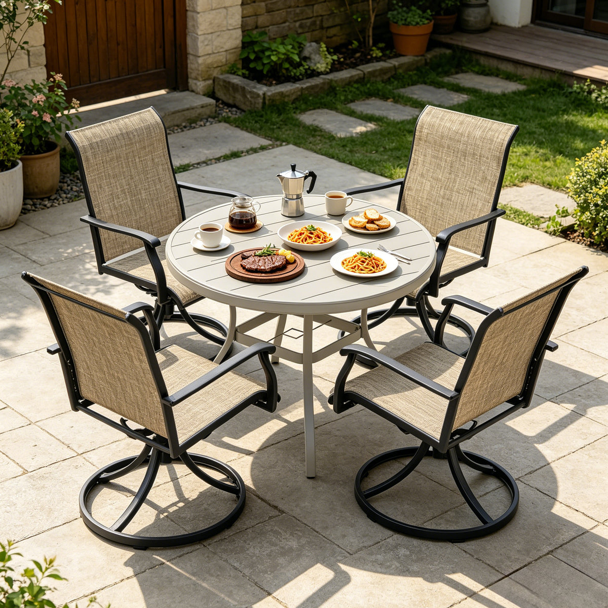 Metal 5-Piece Patio Dining Set for 4 with Umbrella Hole, Swivel