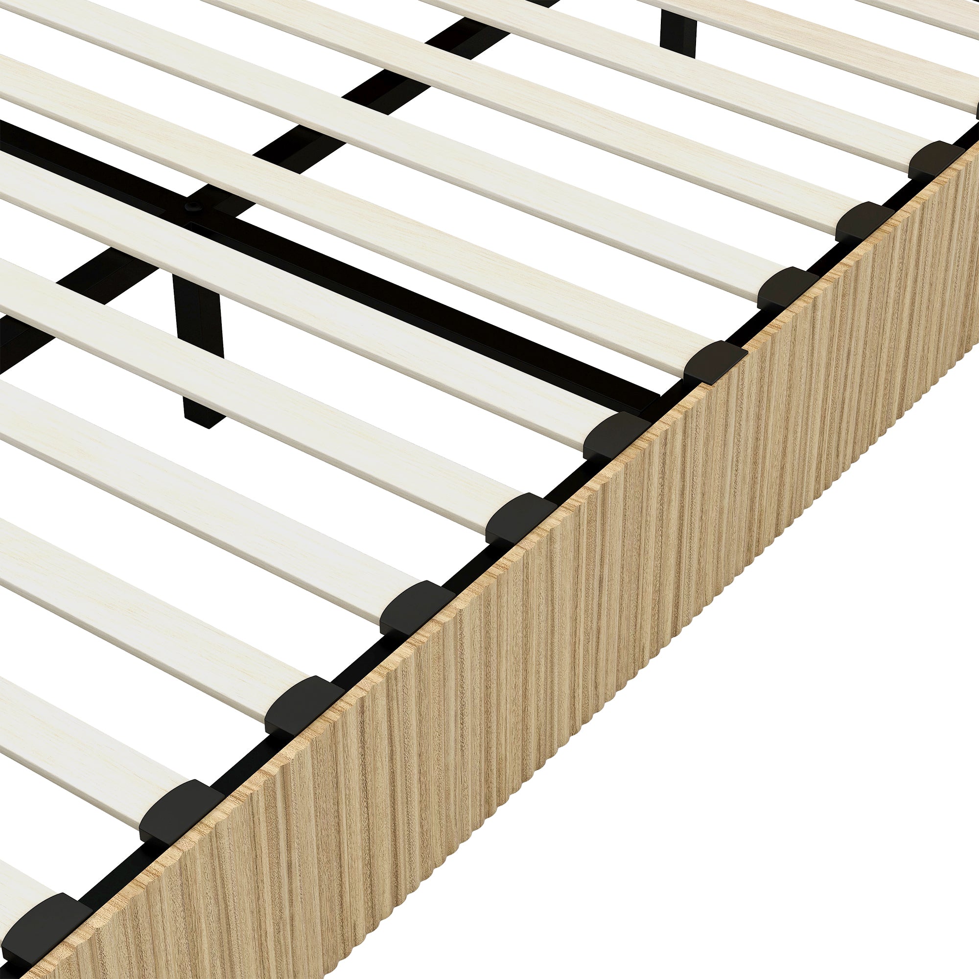 Detail of wood slat support system and frame corner joinery