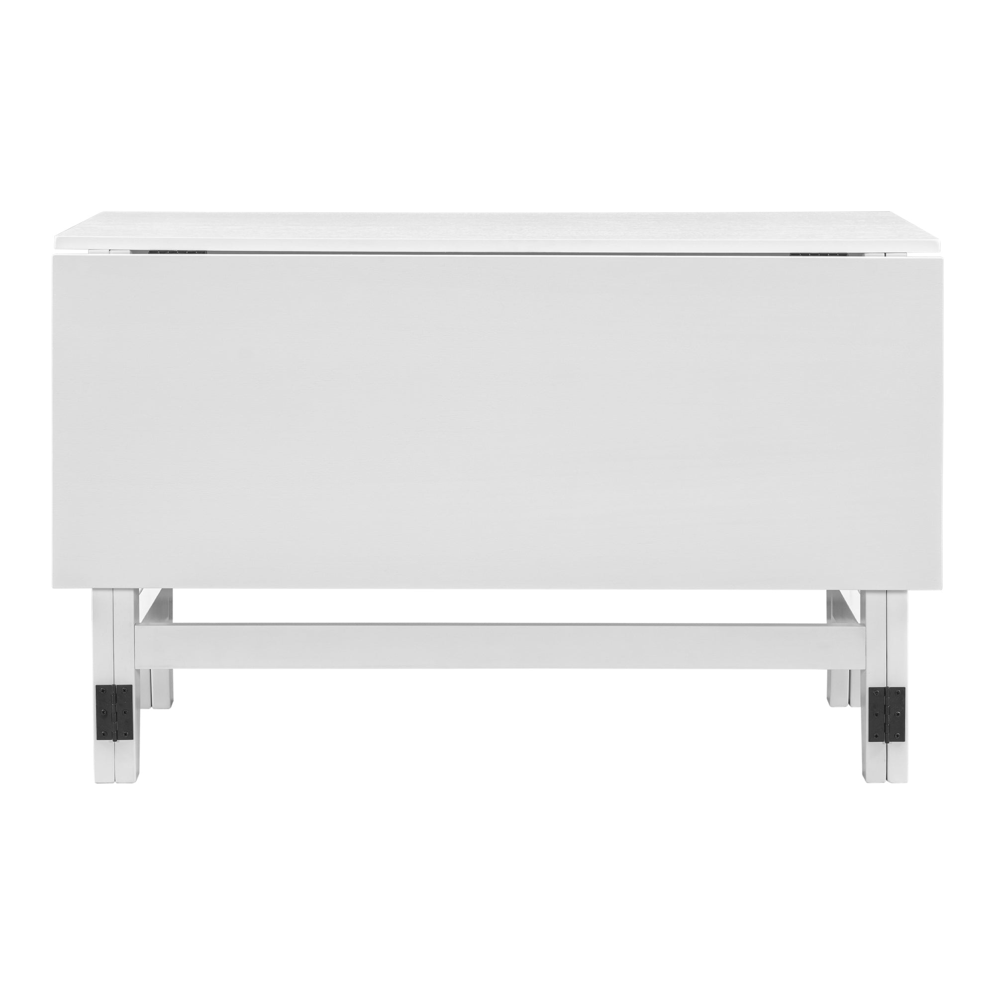 White drop-leaf dining table with both leaves folded down, narrow console, front studio view