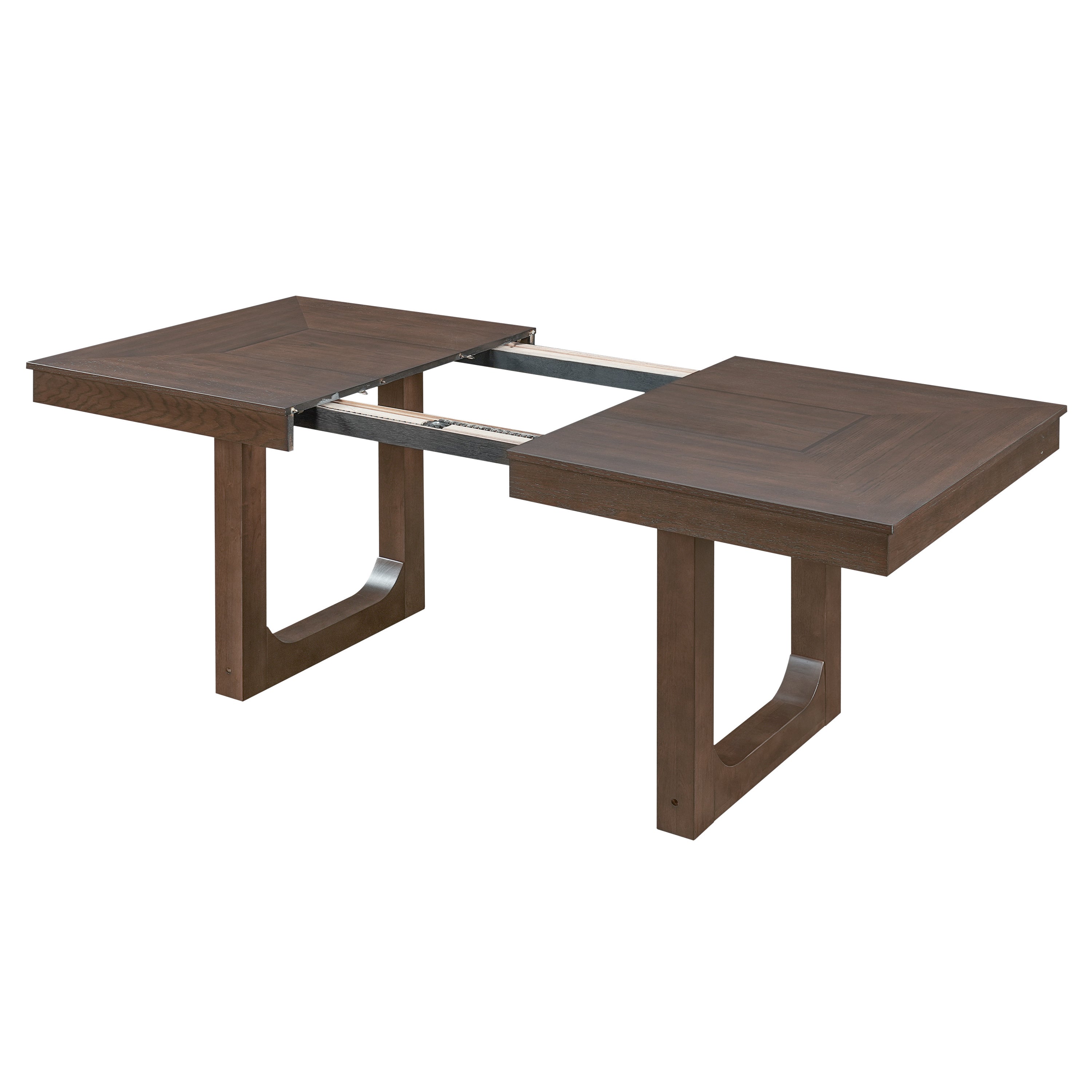 Studio view of the dining table extension mechanism with the leaf removed and rails exposed