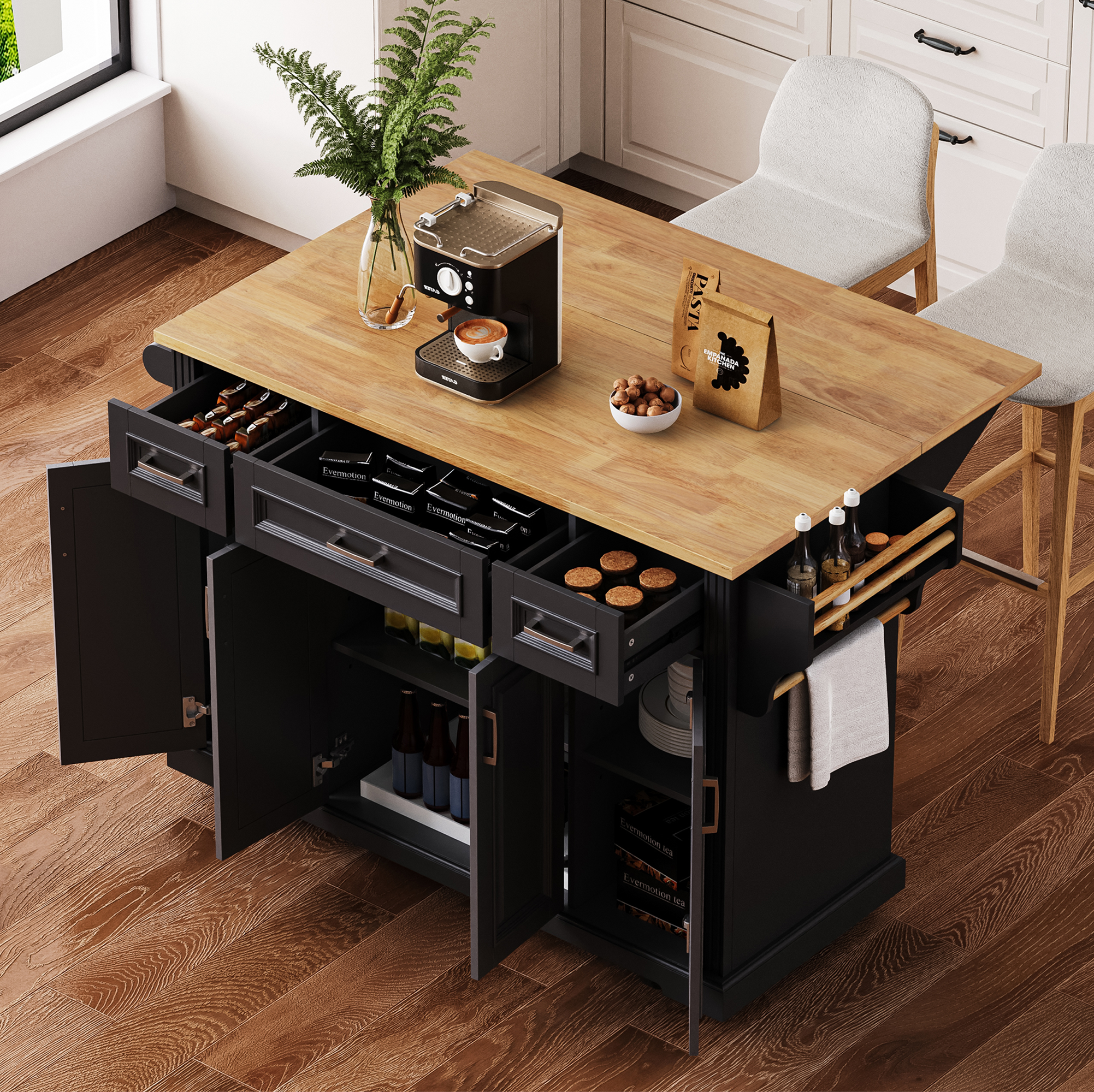 54in Kitchen Island with Drop-Leaf, Black, 4-Door 3-Drawer Cart