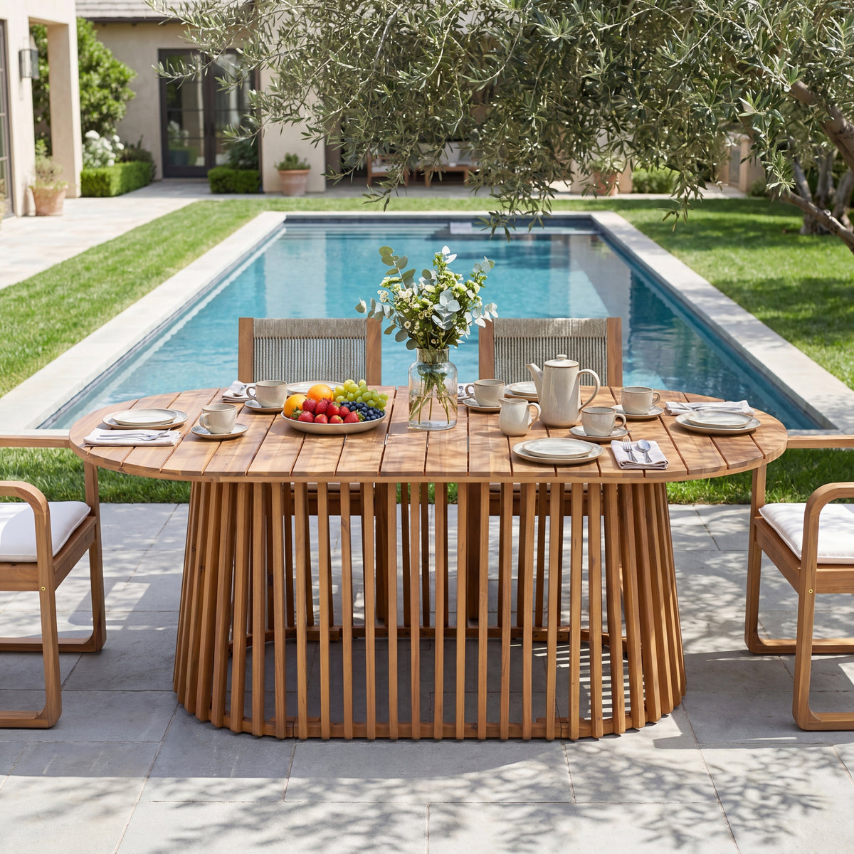 Teak Finish Solid Wood Oval Outdoor Dining Table, 68.9 in Wide