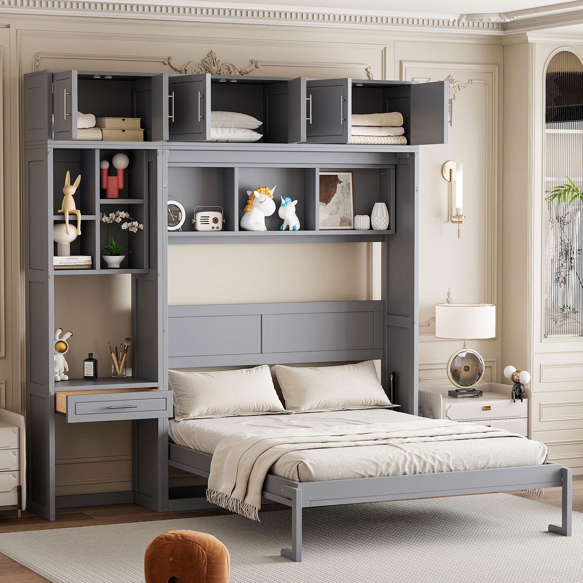 Queen Murphy Bed with Desk, Cabinets and Shelves, Gray