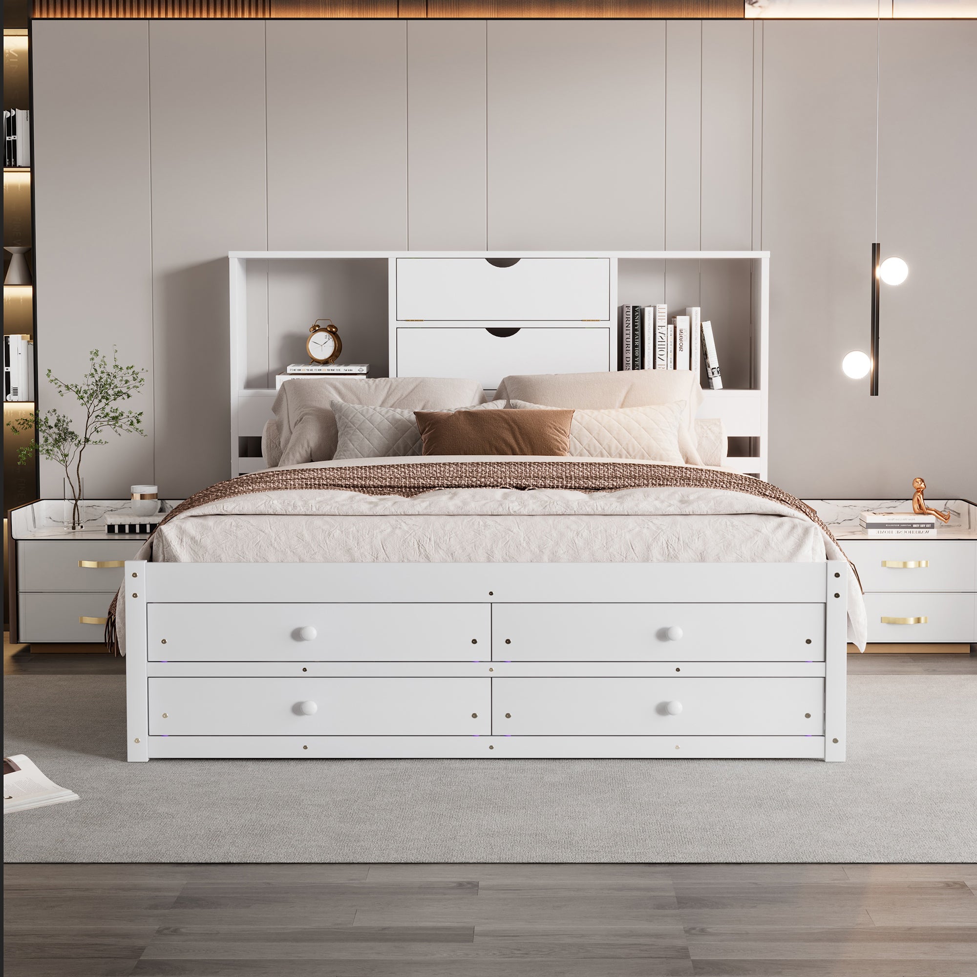 Front view of the white queen storage bed, bookcase headboard with two center drawers and four footboard drawers