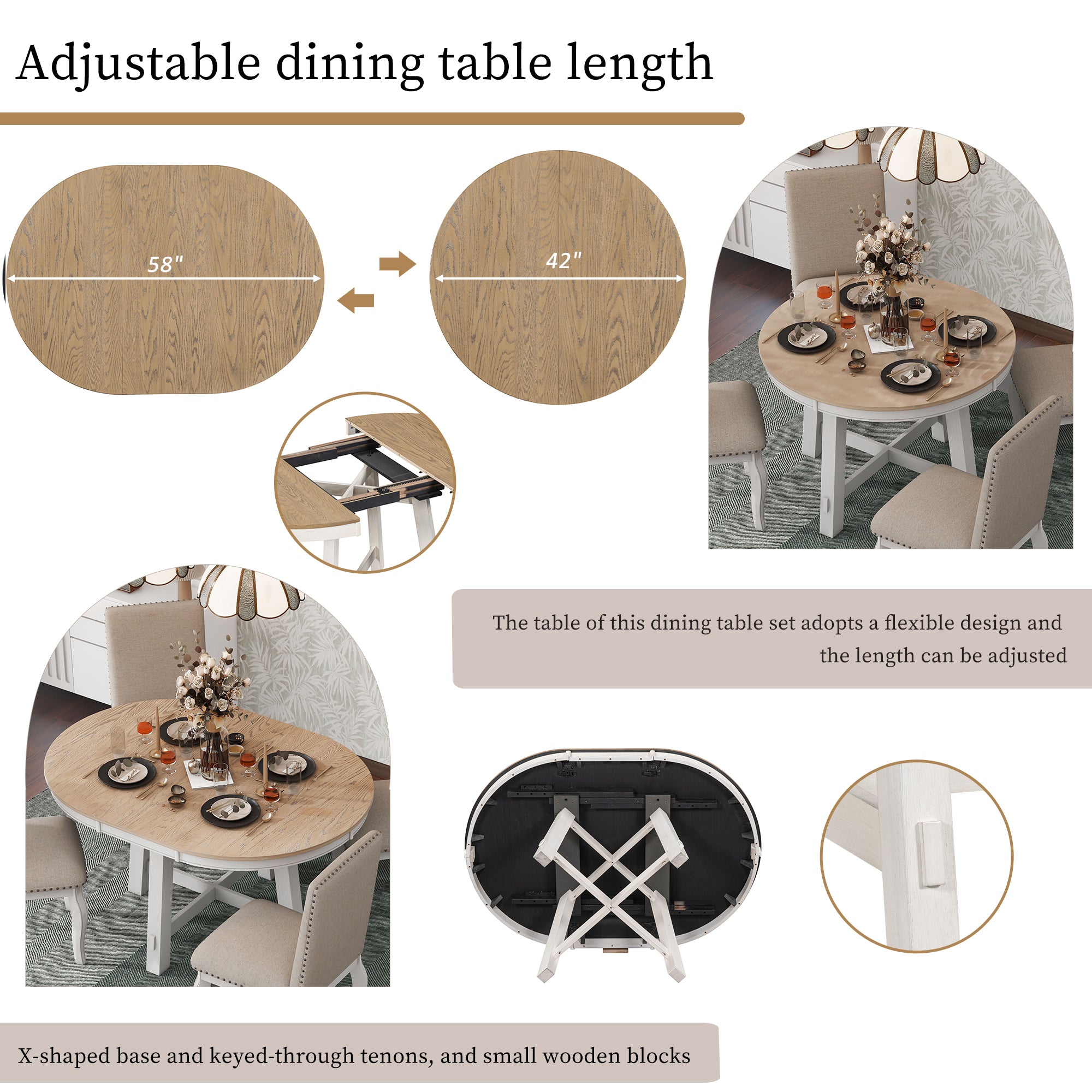Feature collage showing the table adjusting from 58in oval to 42in round with X-base detail