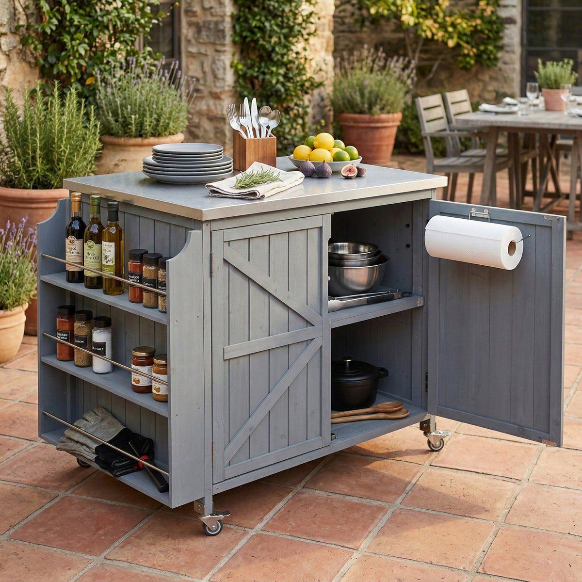 Outdoor Kitchen Island with Wheels, Gray and Blue
