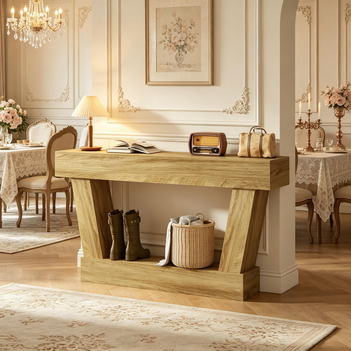 Oak Entryway Console Table with Storage, 63 in Wide